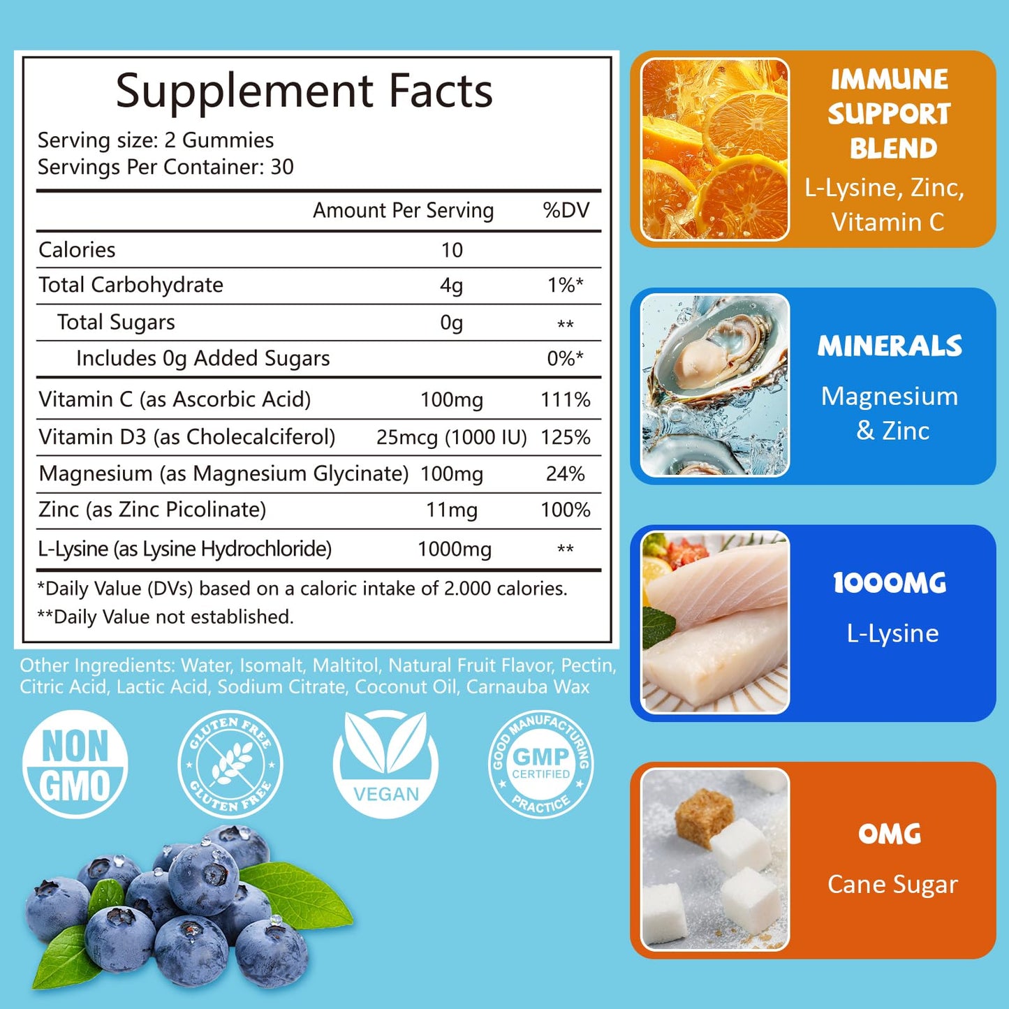 PYUNAFIT L-Lysine Gummies 1000mg, 5 in 1 Extra Strength for Immune Support, Skin & Lip Health, Chewable Lysine Supplement for Kids & Adults, 60 Count