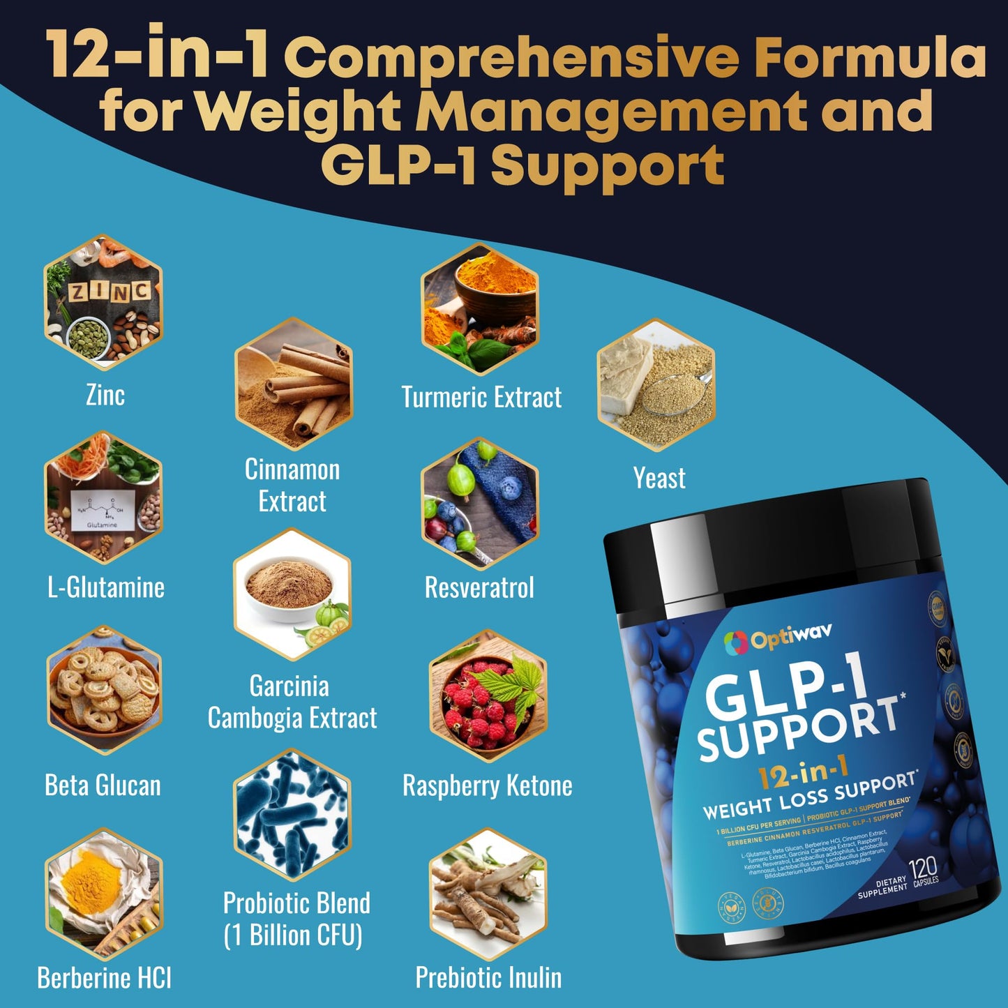 Optiwav GLP-1 Support Probiotic Weight Loss Supplement with Berberine Capsules 120 Count