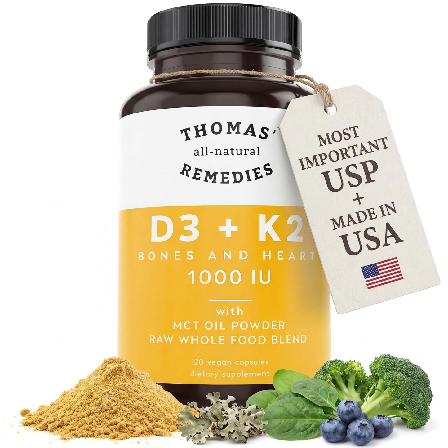 Thomas' all-natural Remedies D3 + K2 1000 IU with MCT Oil for Max Absorption & Bone Health Capsules 120 Count
