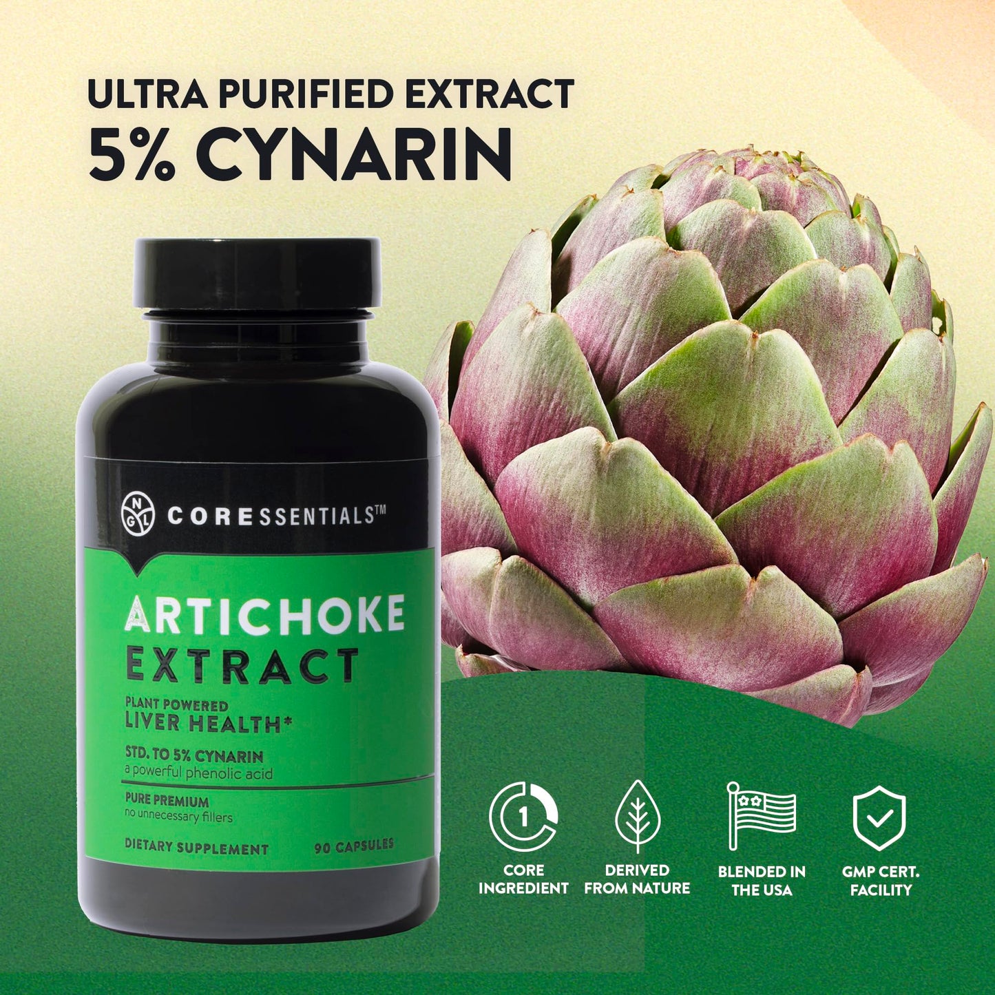 NGL Artichoke Extract Maximum Strength Capsules 1300mg, 5% Caffeoylquinic Acid, Liver Support & Digestive Health, 90 Capsules