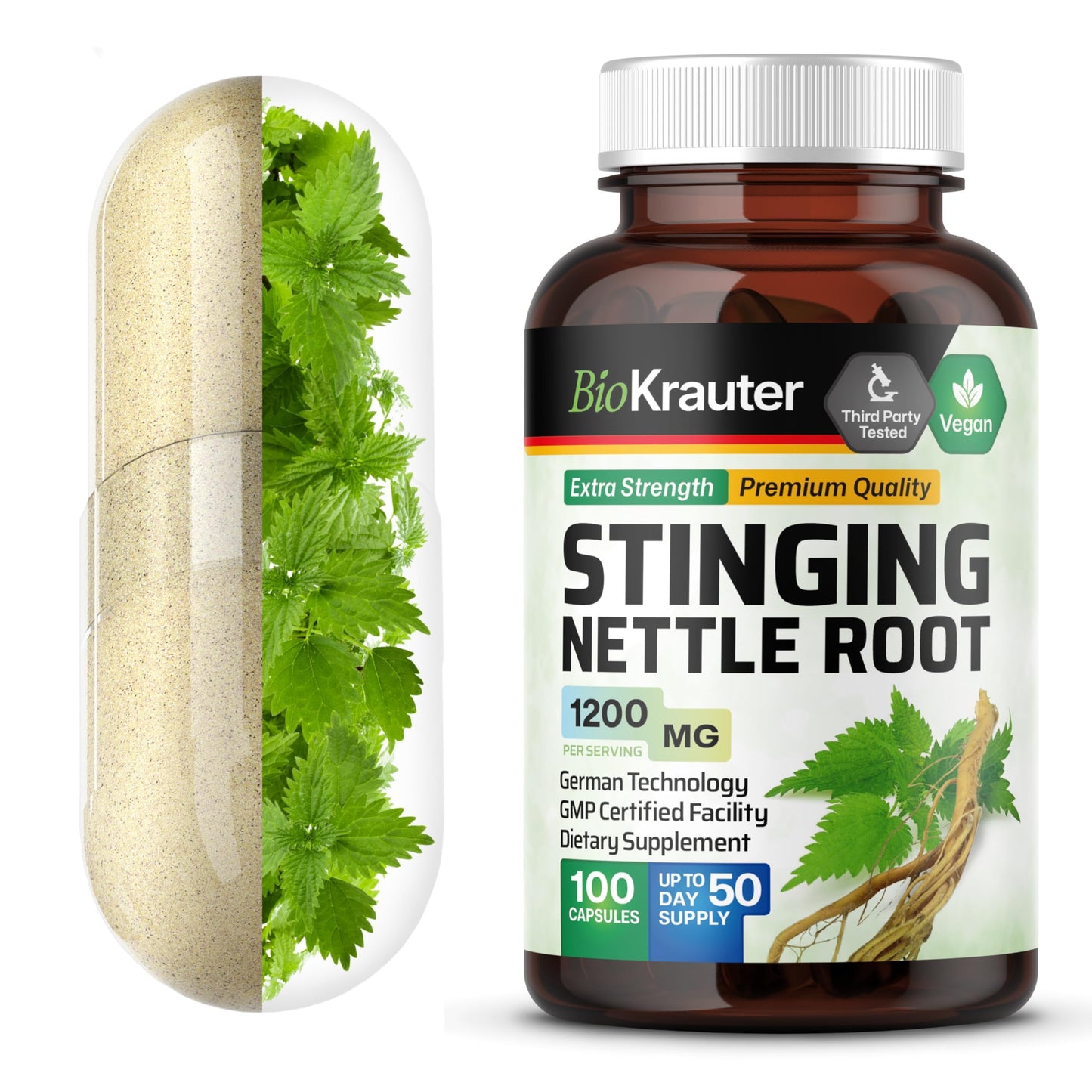 BIO KRAUTER Stinging Nettle Root Supplement (Urtica Dioica) 1200 mg Capsules 100
