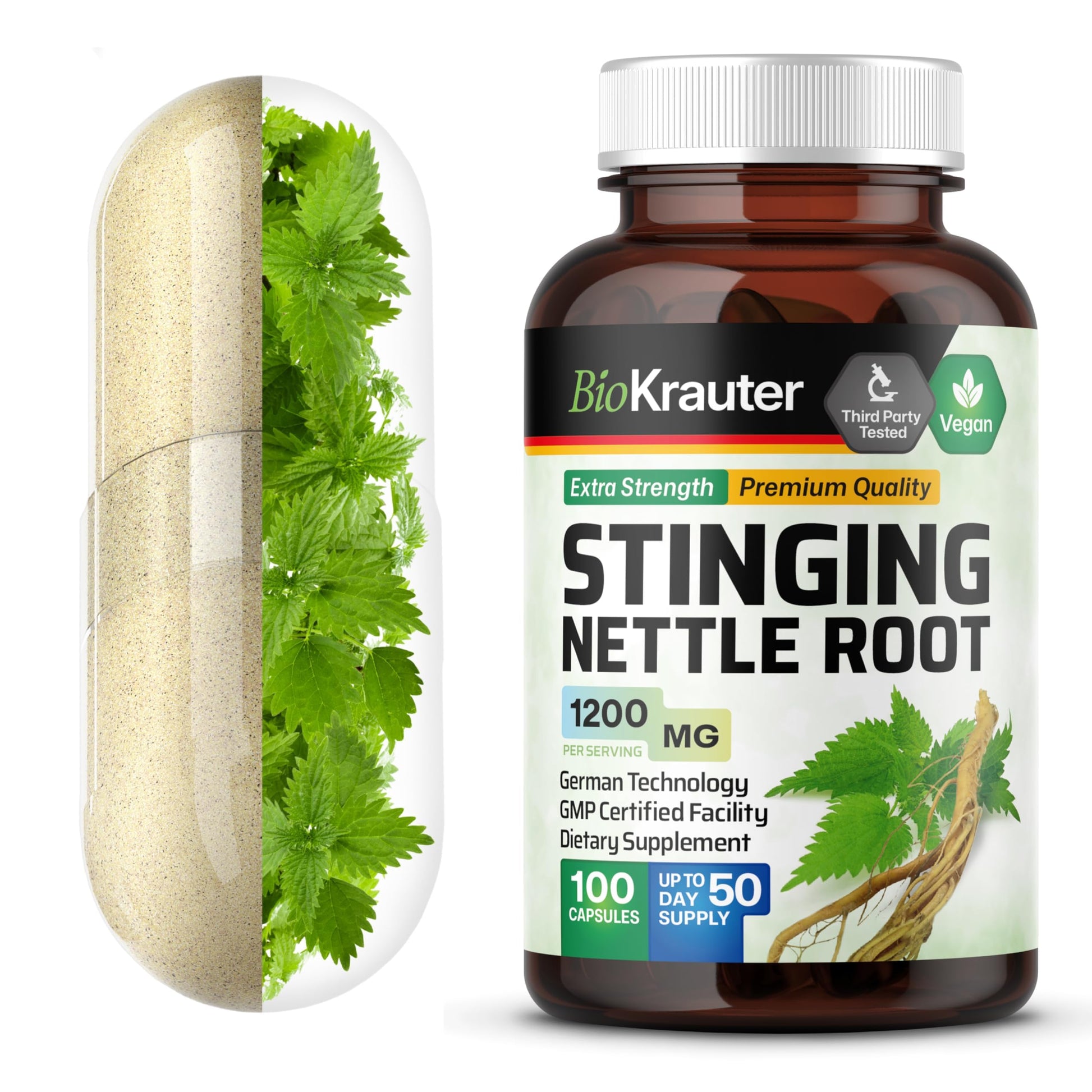BIO KRAUTER Stinging Nettle Root Supplement (Urtica Dioica) 1200 mg Capsules 100