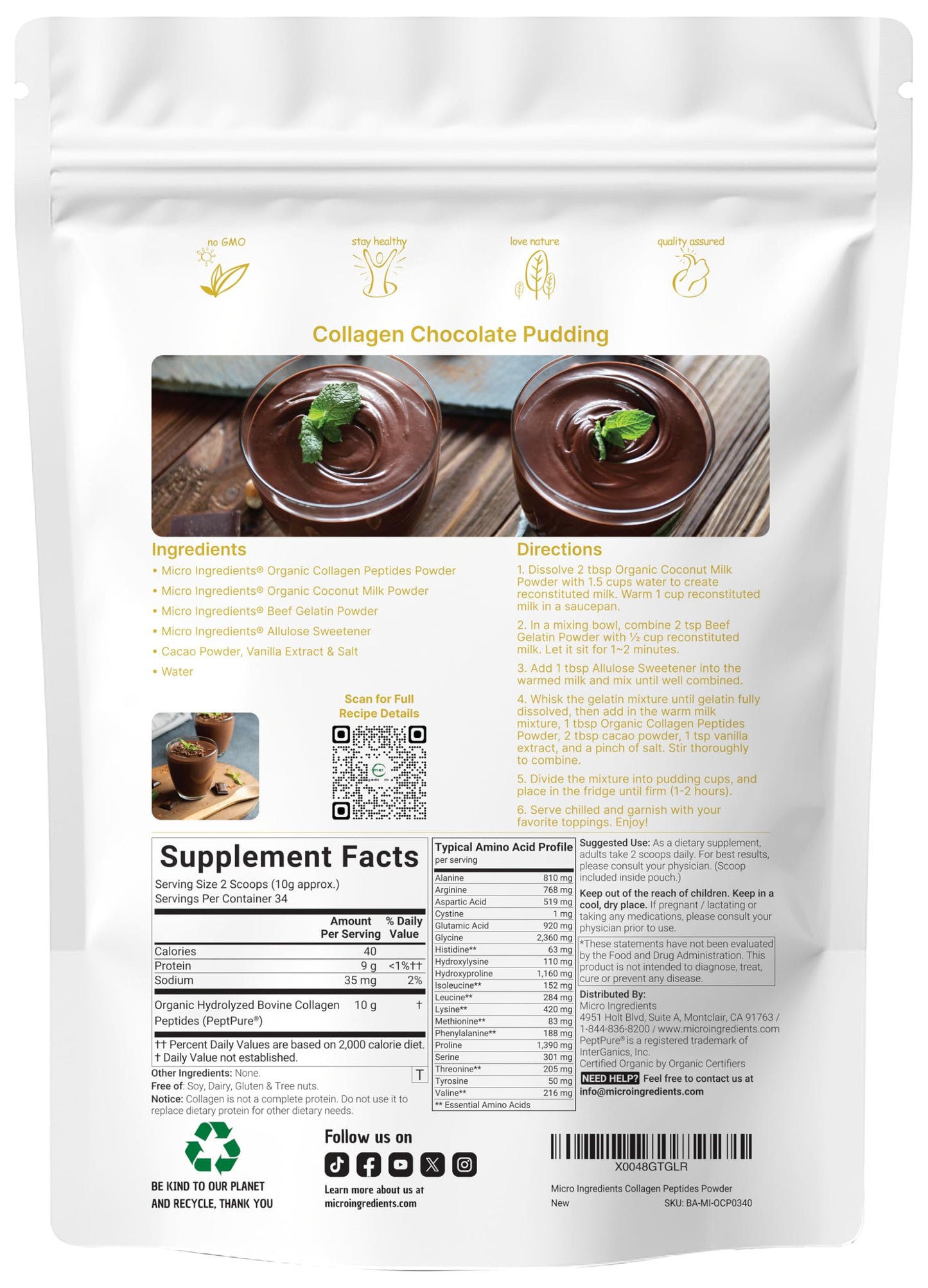 Micro Ingredients Collagen Peptides Powder Organic, 12 oz, Type I & III + Natural Protein, Grass-Fed Bovine Source, Unflavored, Non-GMO