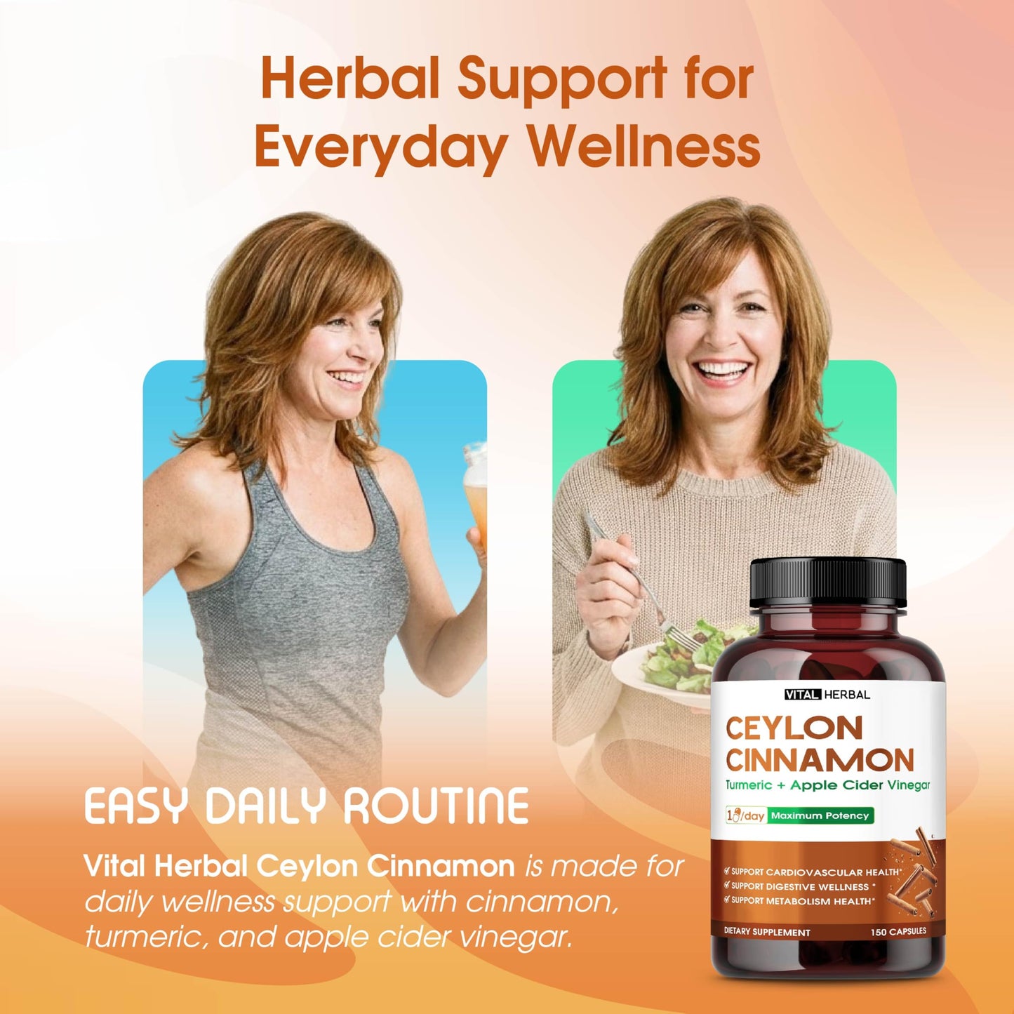 Vital Herbal Liposomal Ceylon Cinnamon with Turmeric & Apple Cider Vinegar Capsules, 150