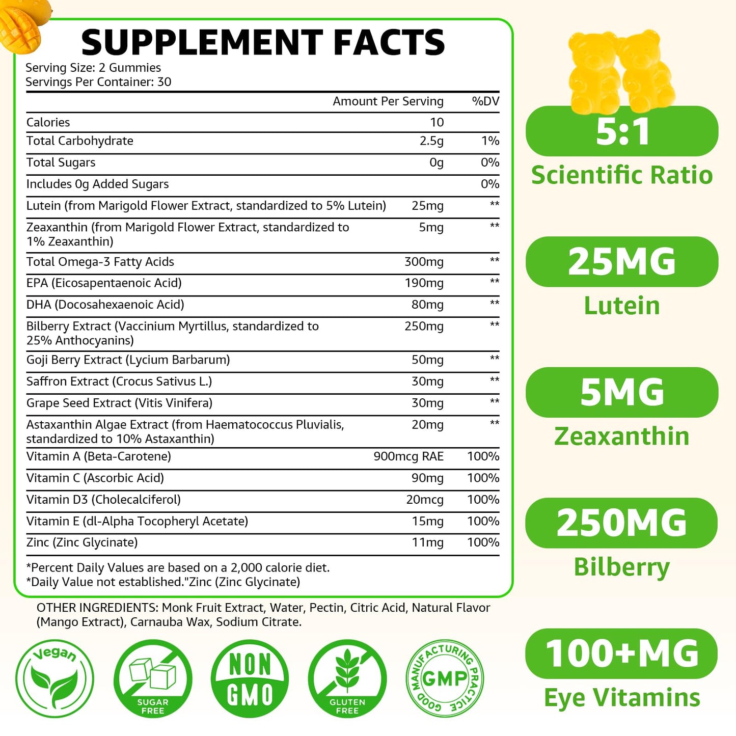 Flyrocer Sugar Free Lutein 25mg with Zeaxanthin Gummies, 60 Count