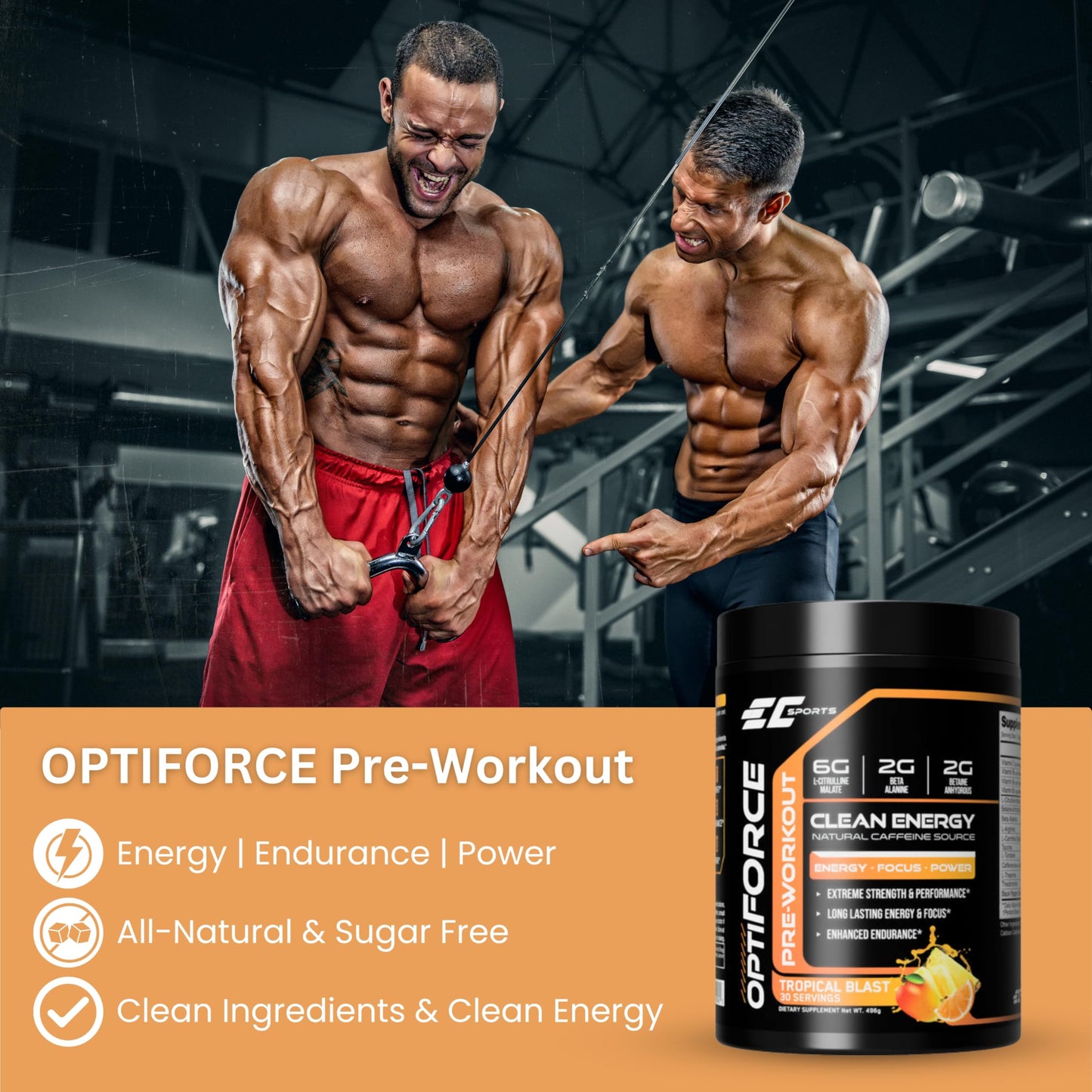 EC Sports OptiForce Pre-Workout Tropical Blast Supplement Powder 15.34 Ounce