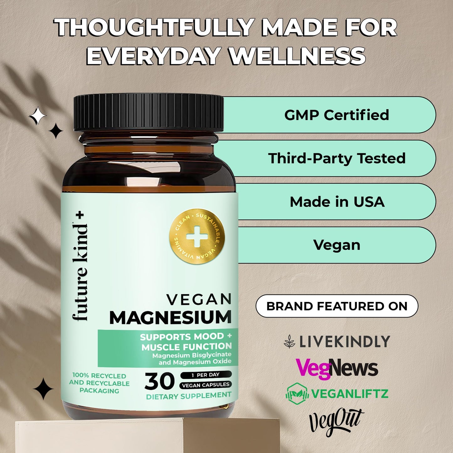 Future Kind 200mg Chelated Magnesium Glycinate Supplement Capsule, 30 Capsules