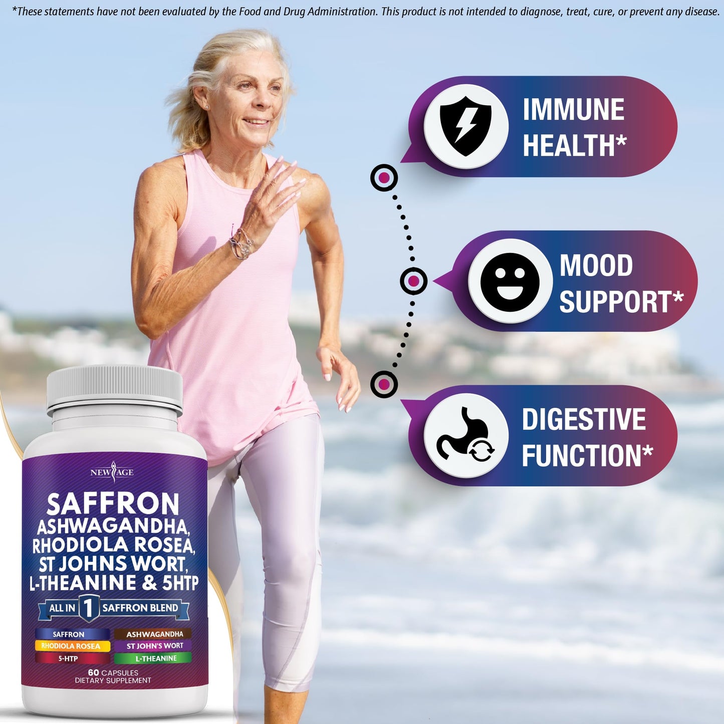 NEW AGE Saffron Supplements with Ashwagandha Capsules, 60 Count