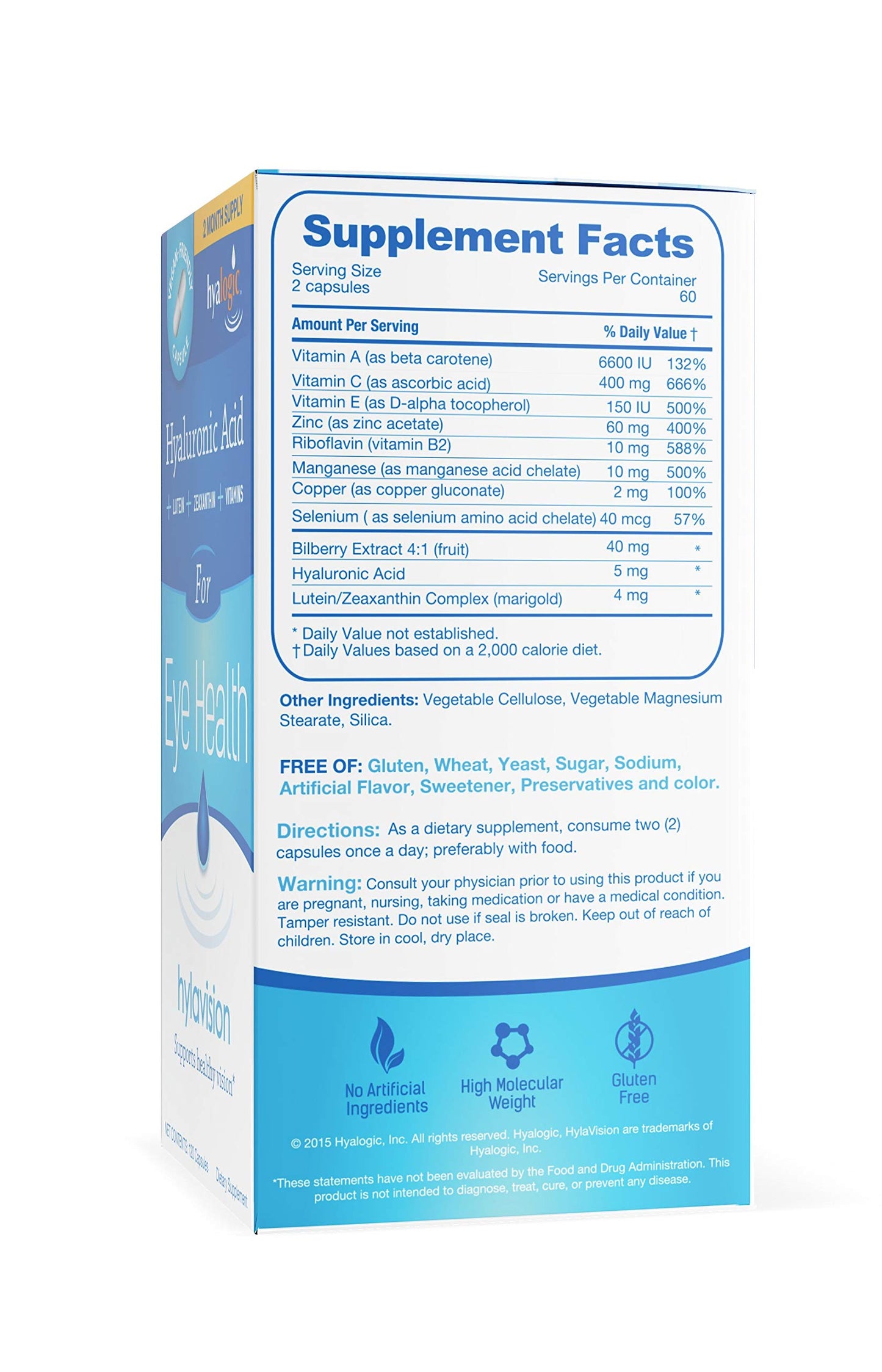Hyalogic HylaVision Eye Vitamins – with Hyaluronic Acid, Clear Eyes with Lutein and Zeaxanthin Supplements for Eye Care Eye Health Support Capsules 120