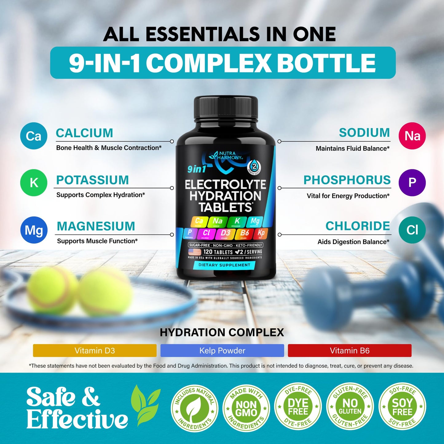NUTRAHARMONY Electrolyte Tablets with Magnesium, Sodium, Potassium, Chloride, Vitamins D3 & B6, Kelp Powder 120 Tablets