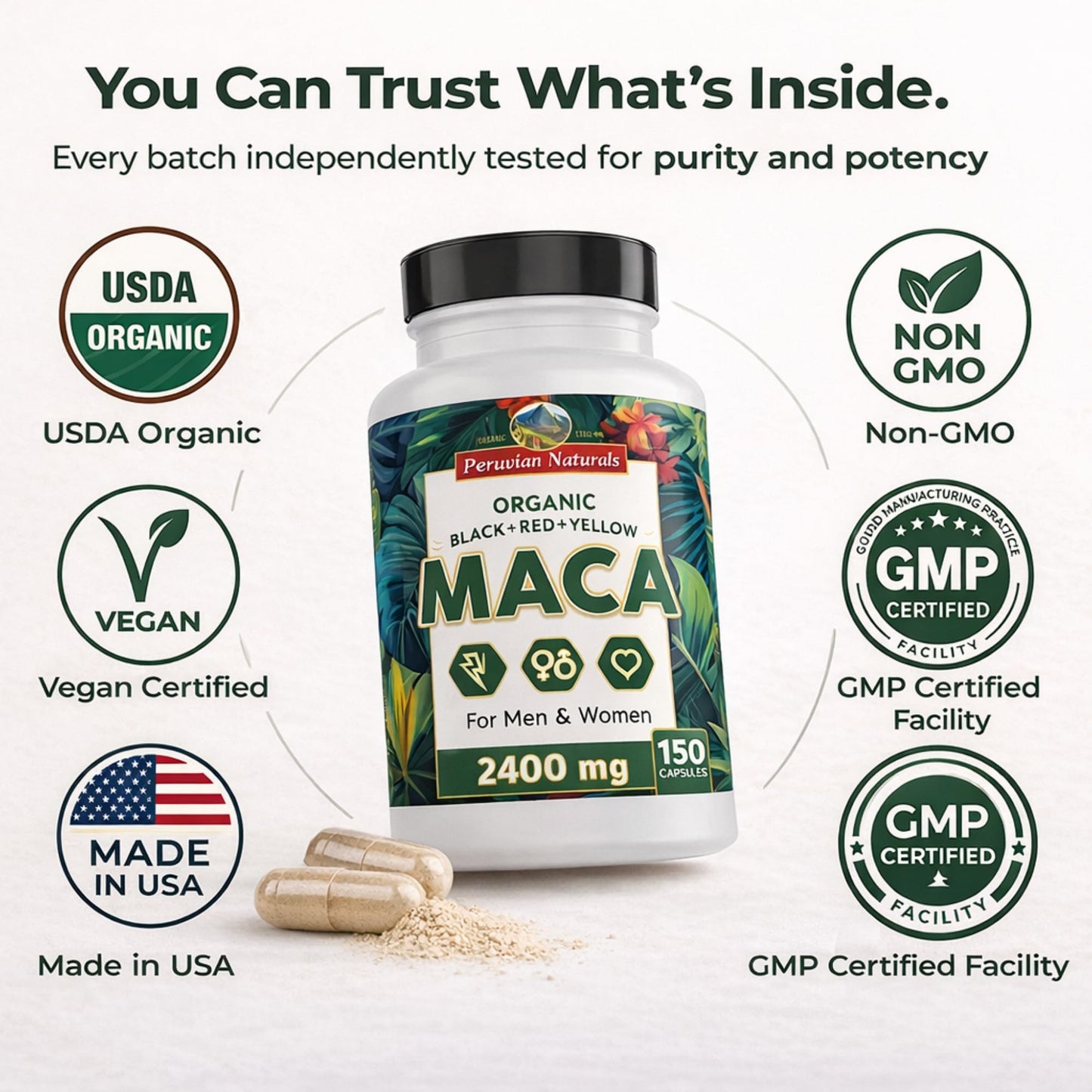 Peruvian Naturals Organic Maca Root Capsules 2400mg per Serving, 150 Capsules