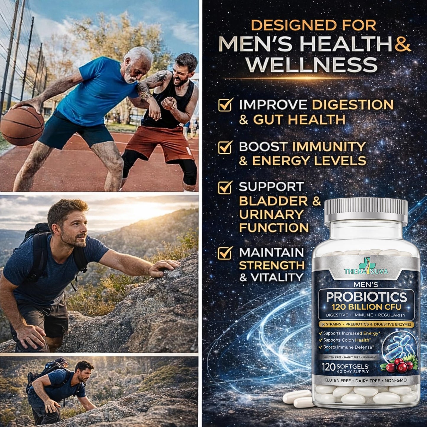 TheraSuva Men's Advanced Probiotics 120 Billion CFU - 36 Strains + Prebiotics, Enzymes & Veggie Blend for Gut, Immune & Colon Health, 120 Softgels