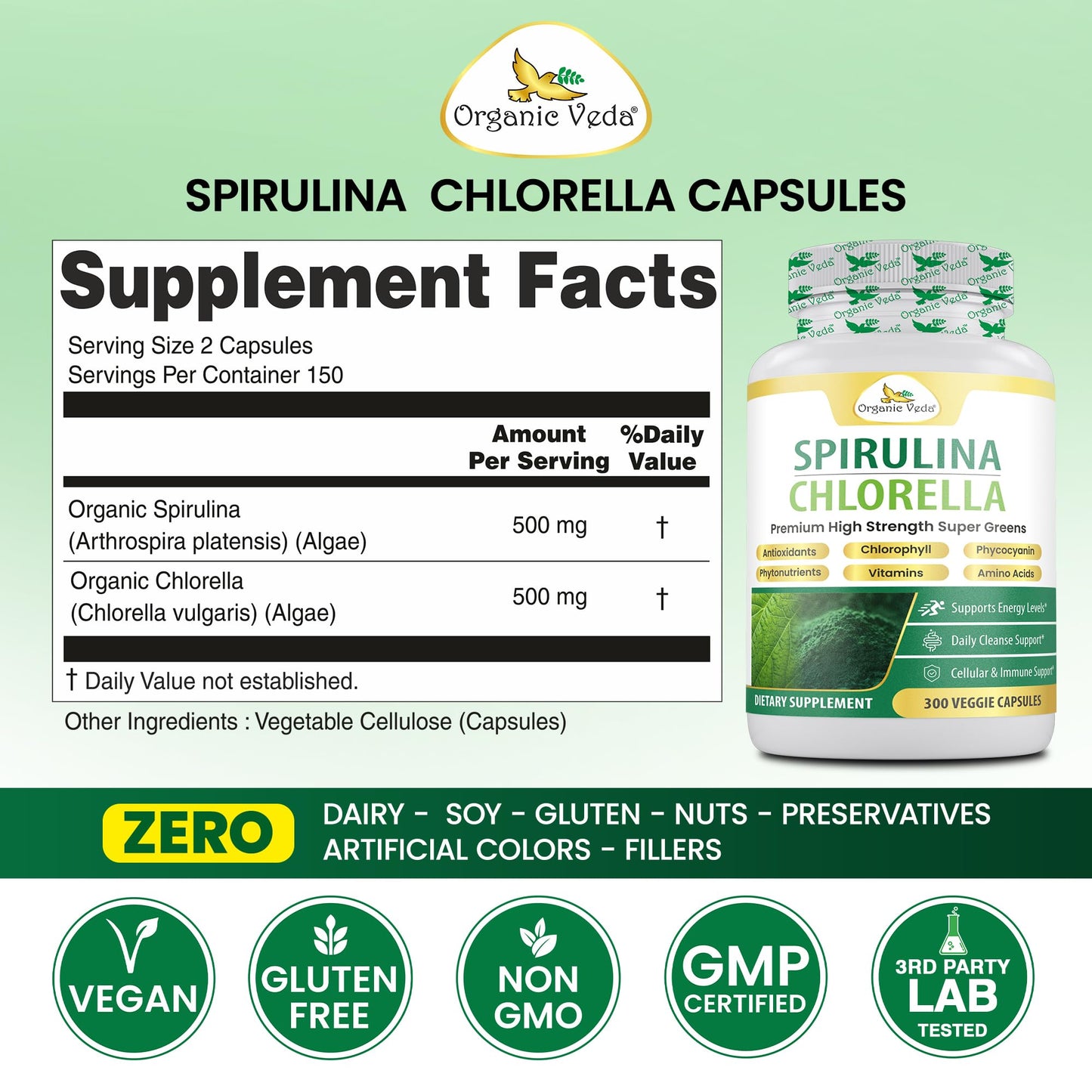 Organic Veda Spirulina Chlorella Capsules, 1500mg, 300 Count