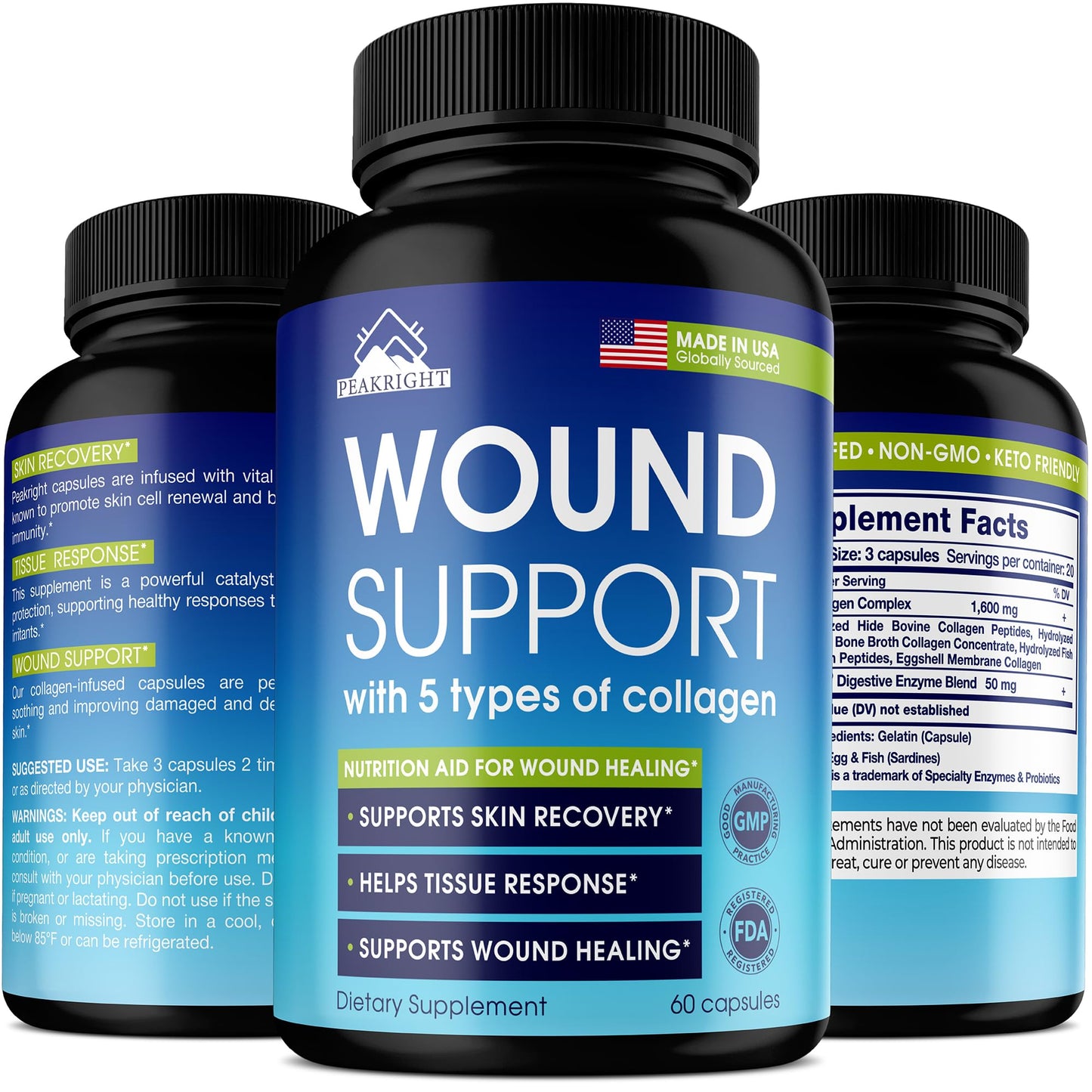 Peakright Wound Healing Supplement Collagen Complex with Enzymes for Wound Support, Pre & Post Surgery Recovery - Capsules, 60 Count