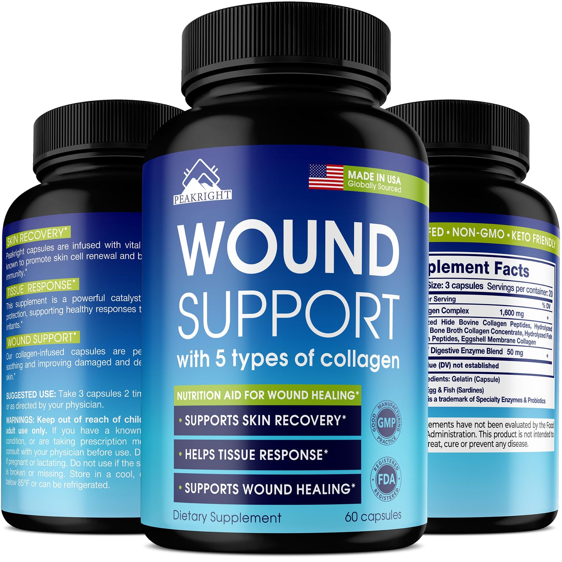 Peakright Wound Healing Supplement Collagen Complex with Enzymes for Wound Support, Pre & Post Surgery Recovery - Capsules, 60 Count