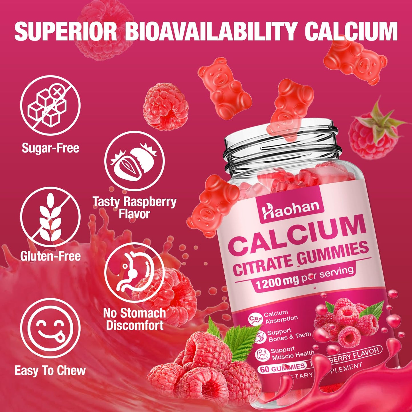 Haohan Calcium Citrate Gummies 1200mg - Sugar-Free Chewable Supplement for Women & Men with Bone, Muscle & Immune Support - Raspberry Flavor, 2-Pack