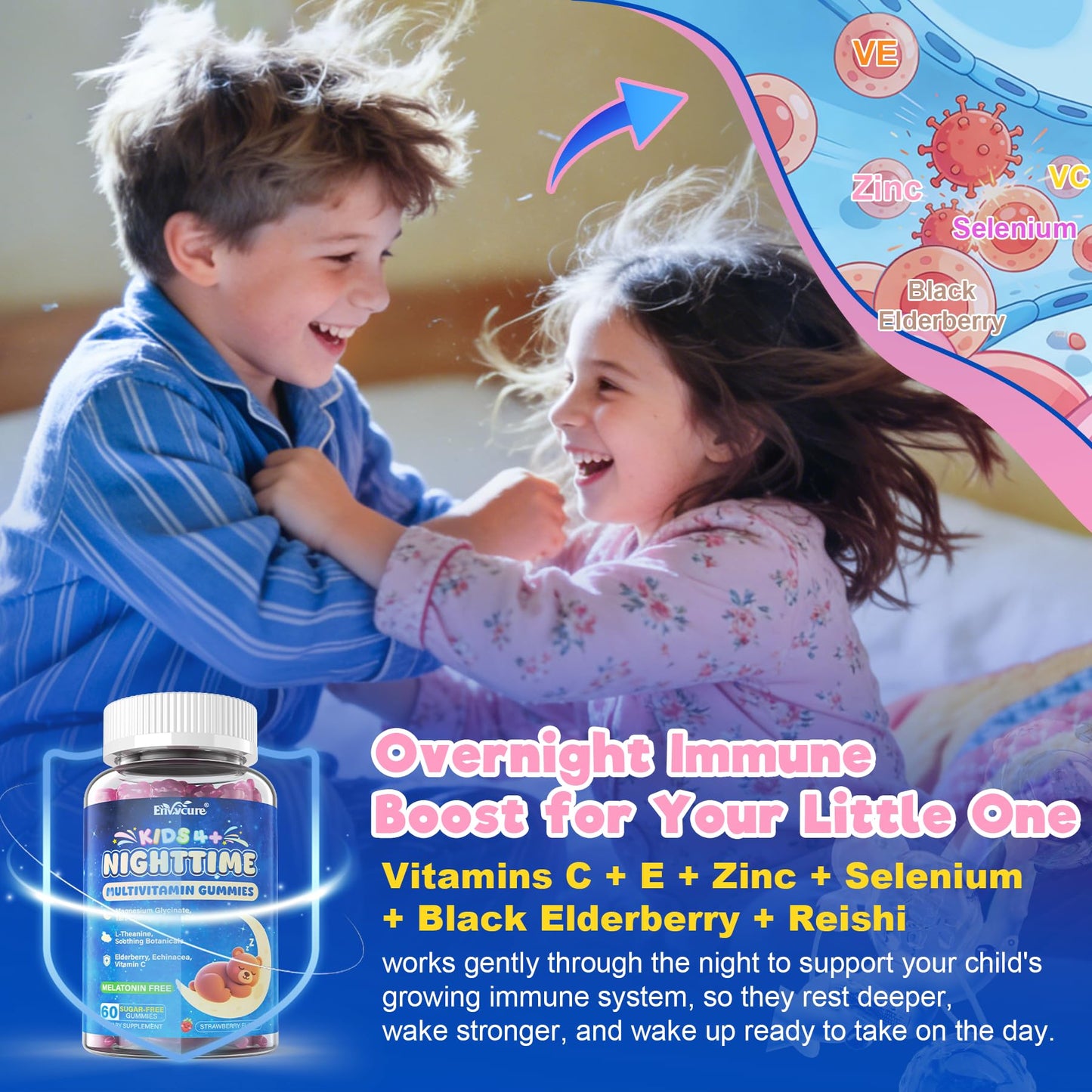 EnvyCure Kids Melatonin-Free Sleep Aid Gummies, Nighttime Multivitamin with Magnesium Glycinate, Saffron, Calcium D3+K2, Inositol – Sugar Free, 120 Gummies