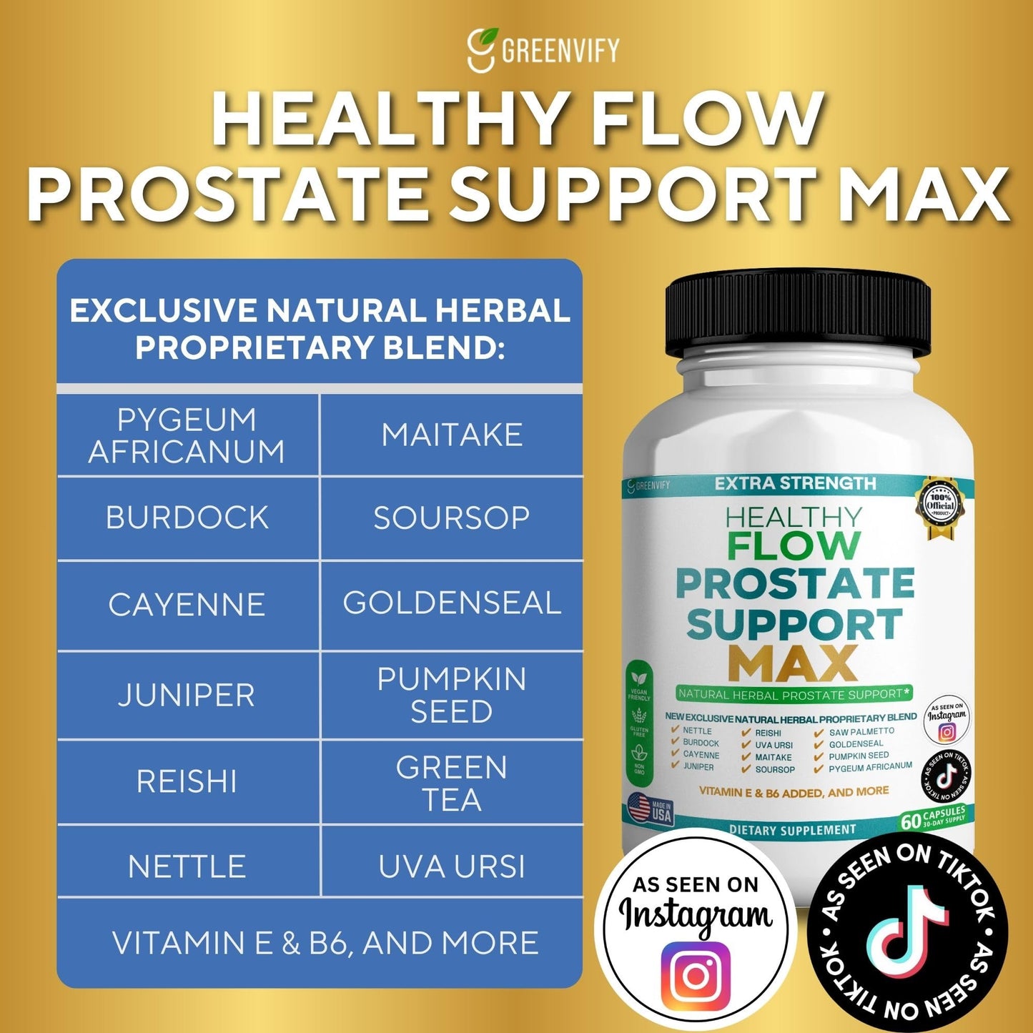 GREENVIFY Extra Strength Healthy Flow Prostate Support Max Natural Herbal Supplement Capsules 60 Count
