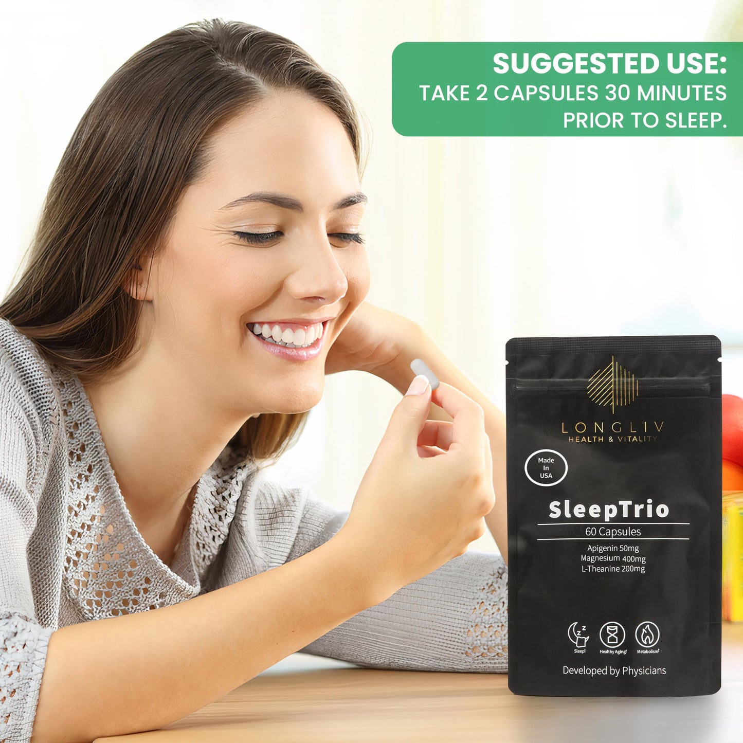 LongLiv Health and Vitality Sleep Trio Magnesium Apigenin L-Theanine Capsules, 60 Capsules