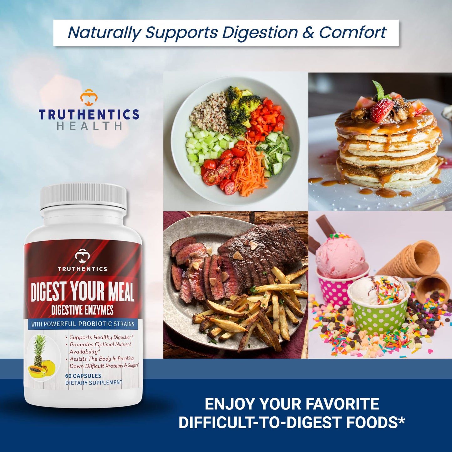 TRUTHENTICS Digestive Enzymes Plus Probiotics & Prebiotics Capsules, 60 Capsules
