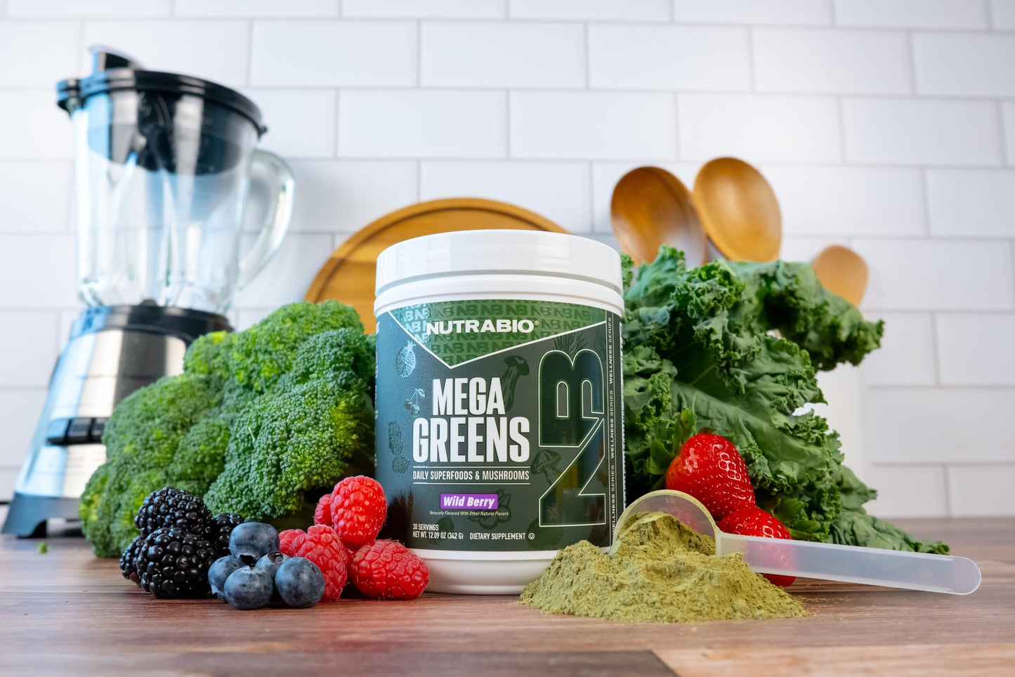 NutraBio Mega Greens Complete Daily Super Greens Powder with Alkalizing, Energy, and Metabolic Support, Digestive Enzymes, Adaptogenic Mushrooms, Immune Defense - 30 Servings - Wild Berry, 10 oz