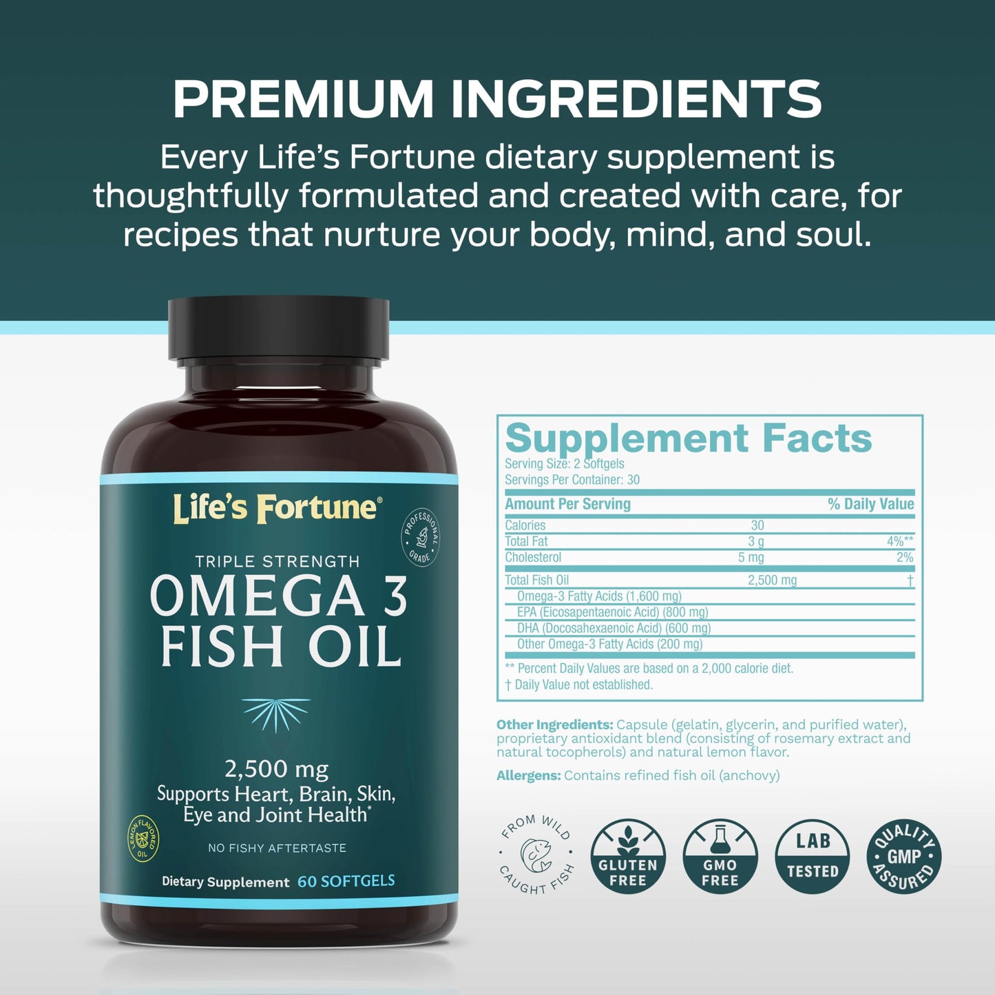 Life's Fortune Fish Oil Omega-3 Concentrate Supplement 2500 mg Softgels 60 Count