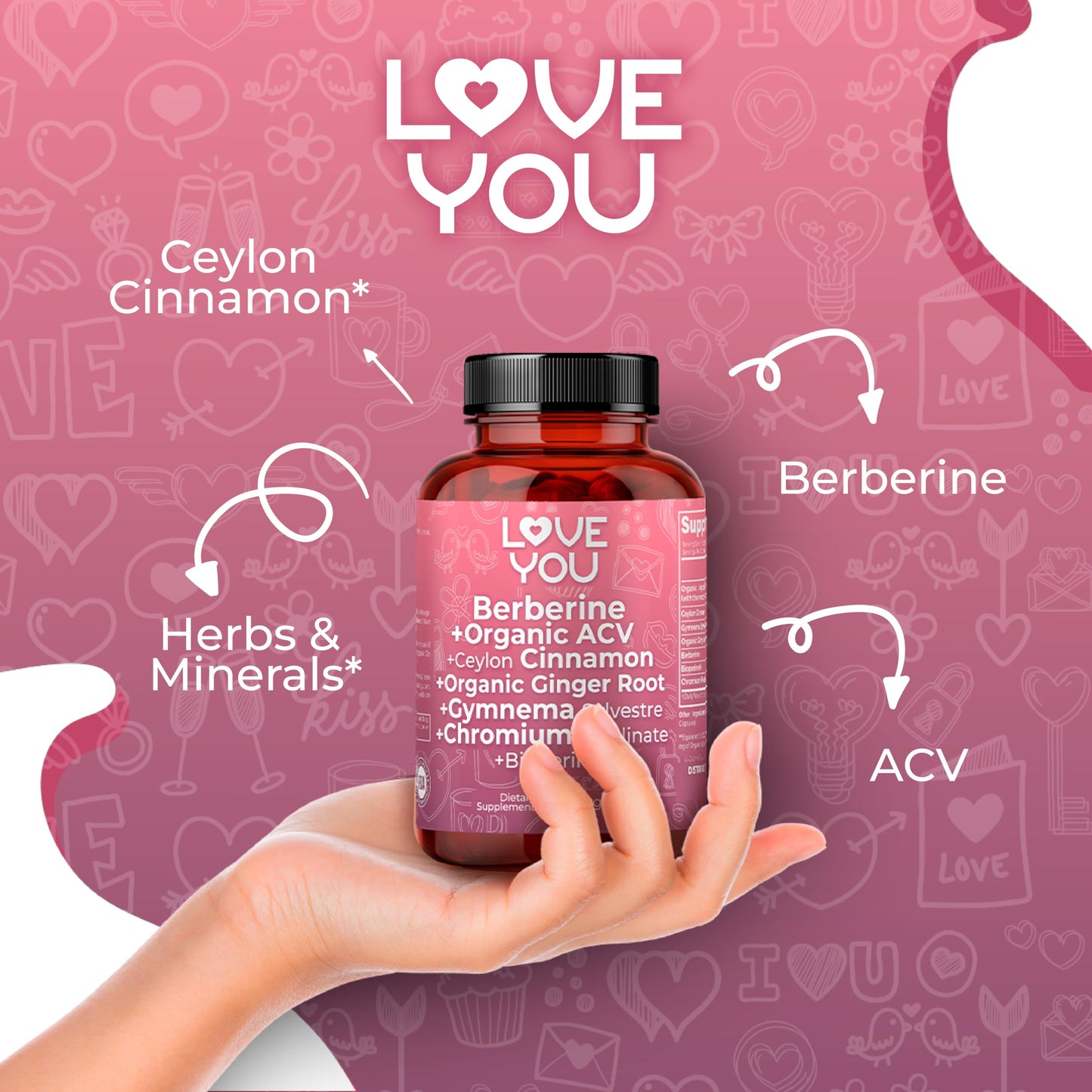 Love You Berberine Complex with Ceylon Cinnamon, Organic ACV with The Mother, Gymnema, Ginger & Chromium | 2,356 mg Eq. per Serving | 120 Vegan Capsules