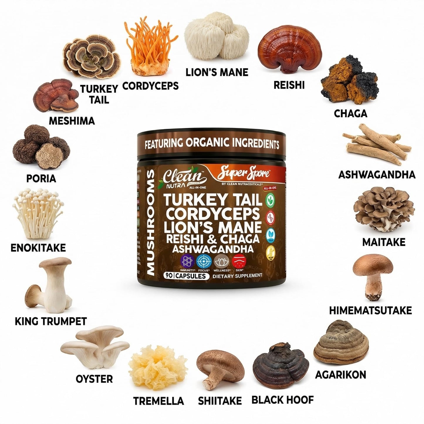 Clean Nutraceuticals Organic Turkey Tail Mushroom Supplement Capsules, 90 Count