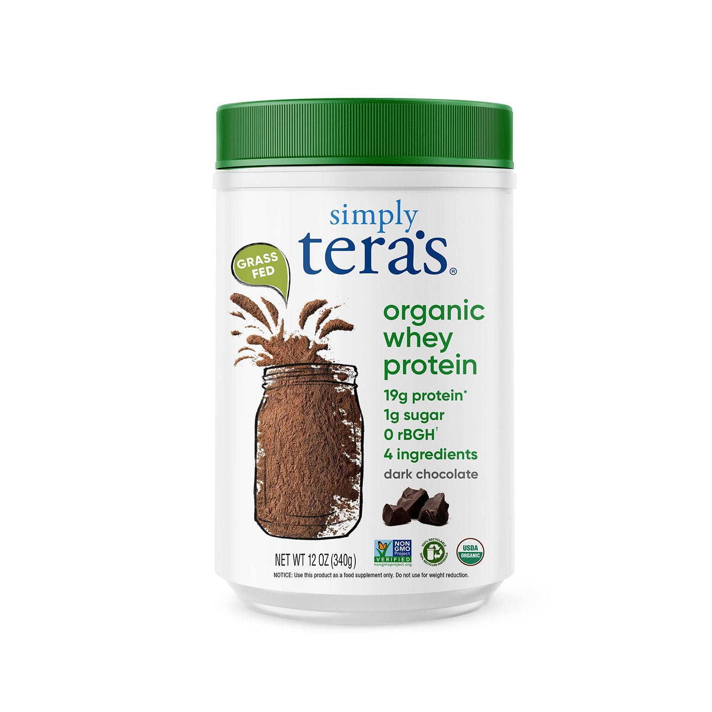 Tera's Organic Whey Protein Powder, Dark Chocolate Flavor, 12 Ounce