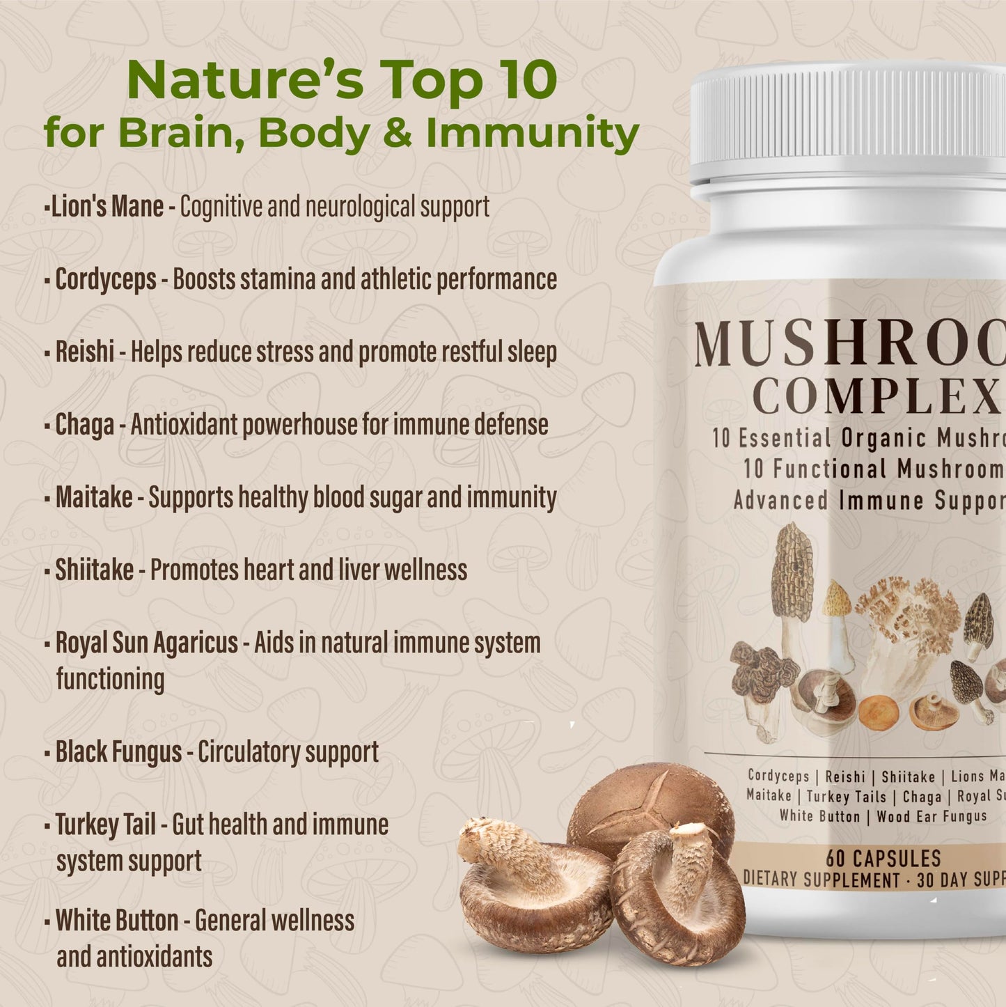 Pelican Vitamins Organic Mushroom Complex, 13 Functional Mushrooms Capsule 60 Count