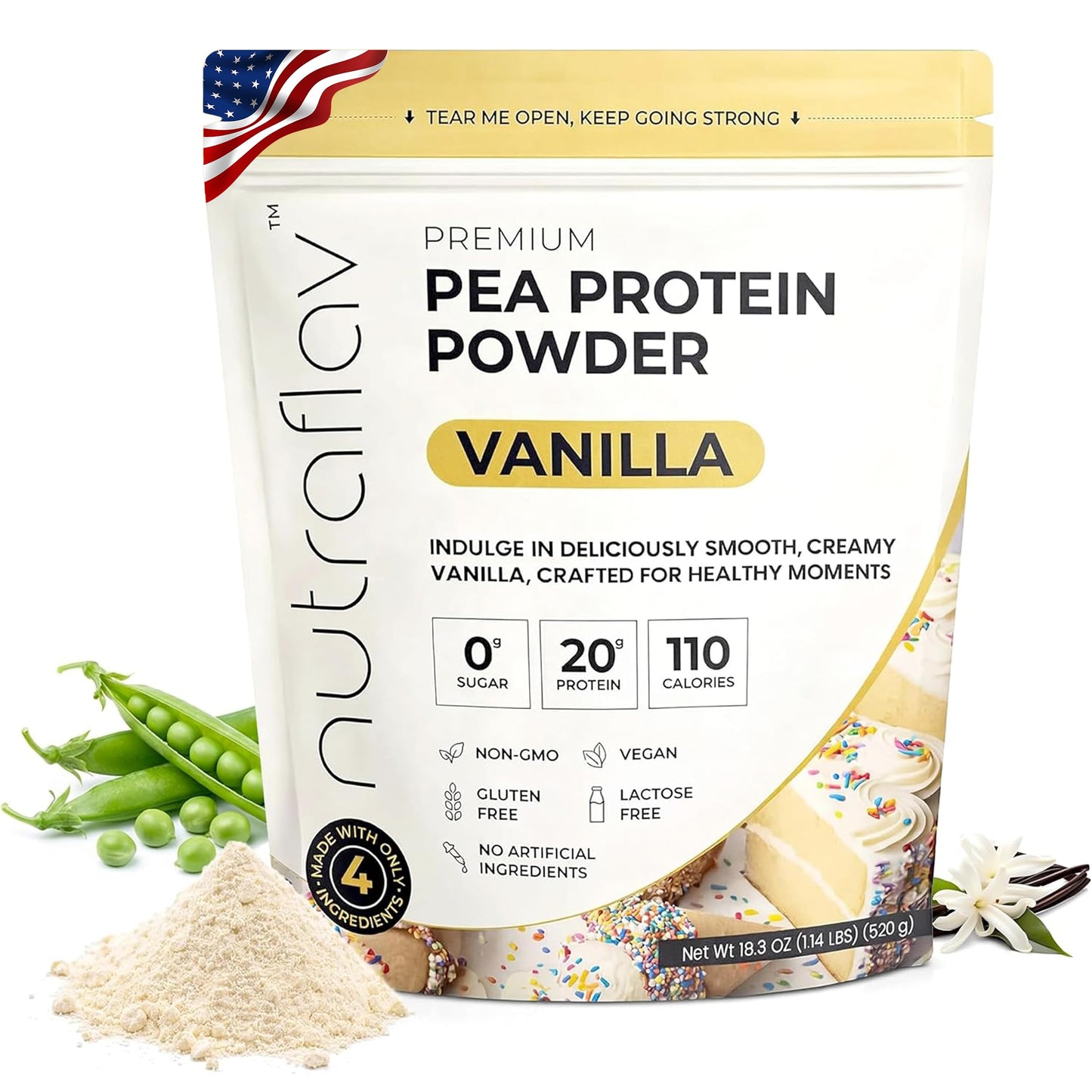 Nutraflav Vanilla Vegan Pea Protein Powder, 18.3 Servings