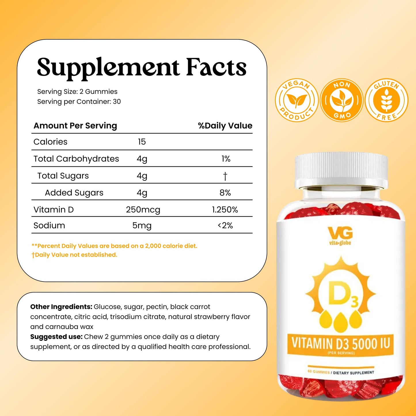 VITA GLOBE Vitamin D3 5,000 IU (250 mcg) with Zinc and Echinacea Gummies, 120 Gummies