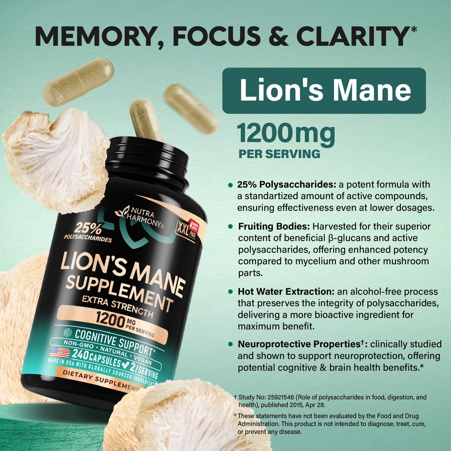 NutraHarmony Lions Mane Supplement Capsules 1200 mg, 240 Capsules