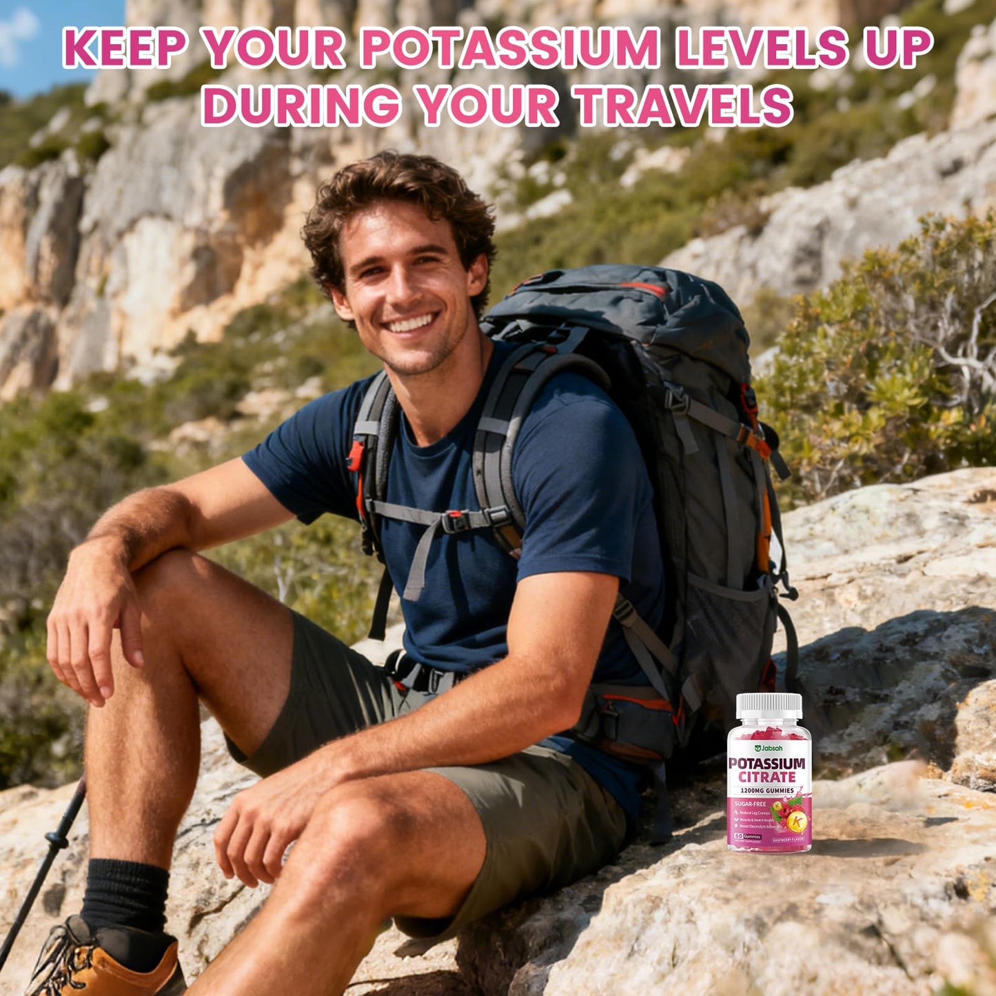 Jabsah Potassium Citrate Gummies 1200mg, Sugar-Free Potassium Supplement, Raspberry Flavor, Vegan, Gluten Free, for Adults, Women & Men, 60 Gummies