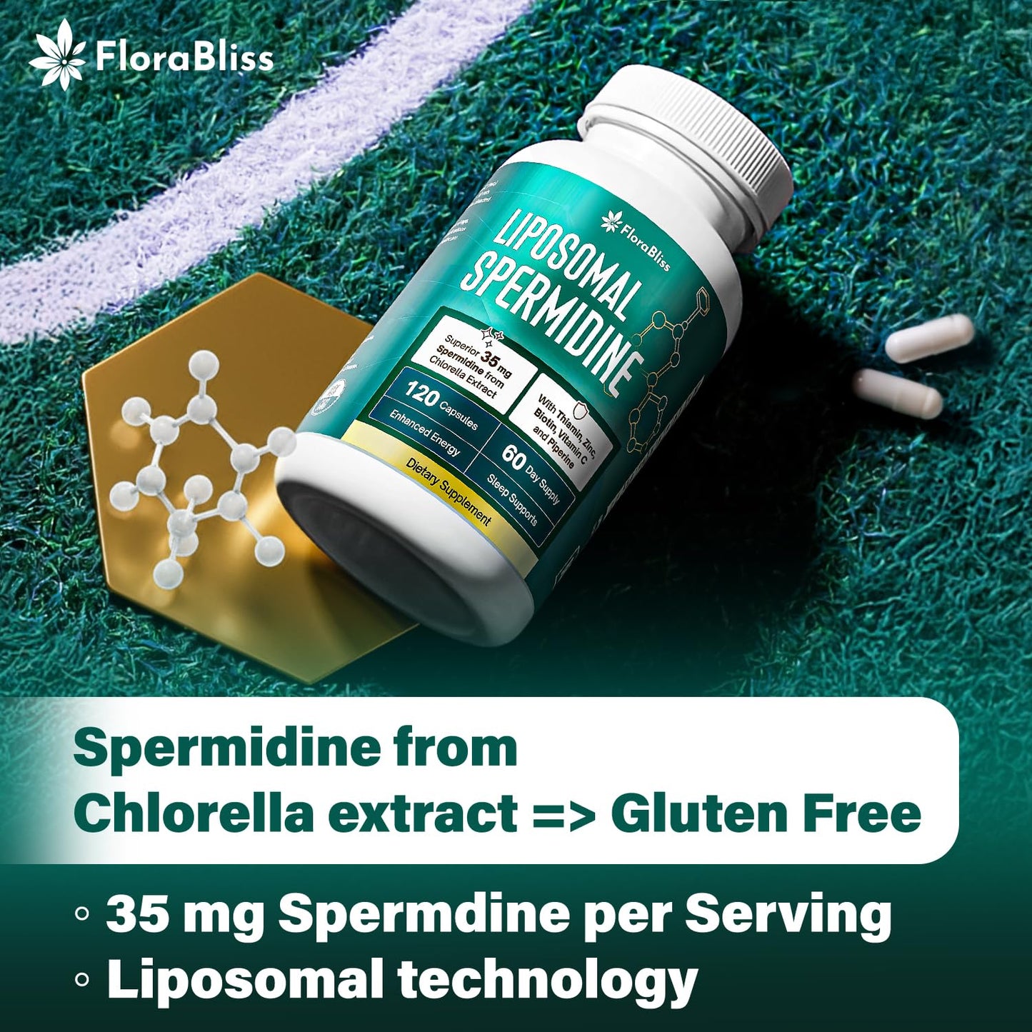 FloraBliss 35mg Spermidine Supplement from Chlorella with Thiamin, Zinc, Biotin, & Vitamin C, 120 Capsules