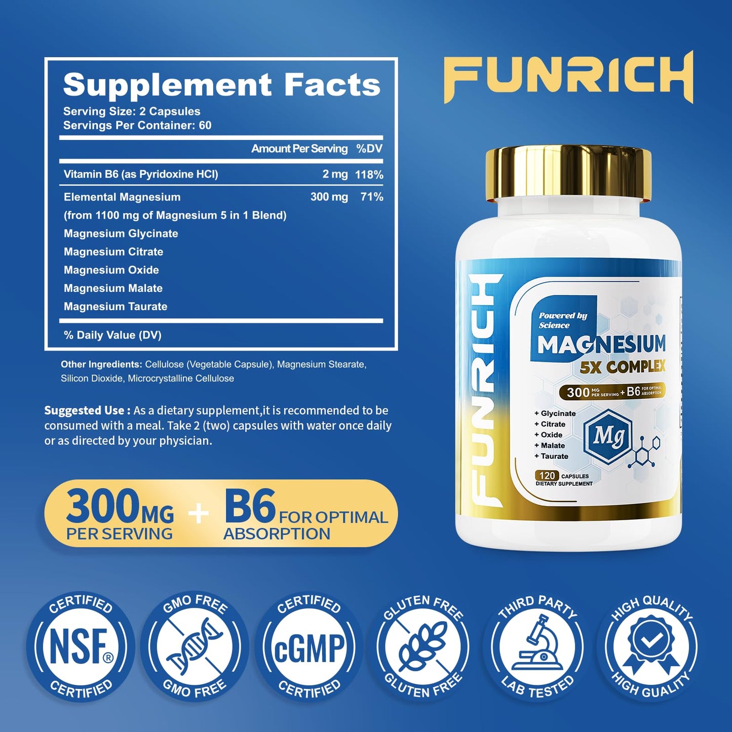 FUNRICH 5 in 1 Magnesium Complex with Vitamin B6 Capsule 120 Count