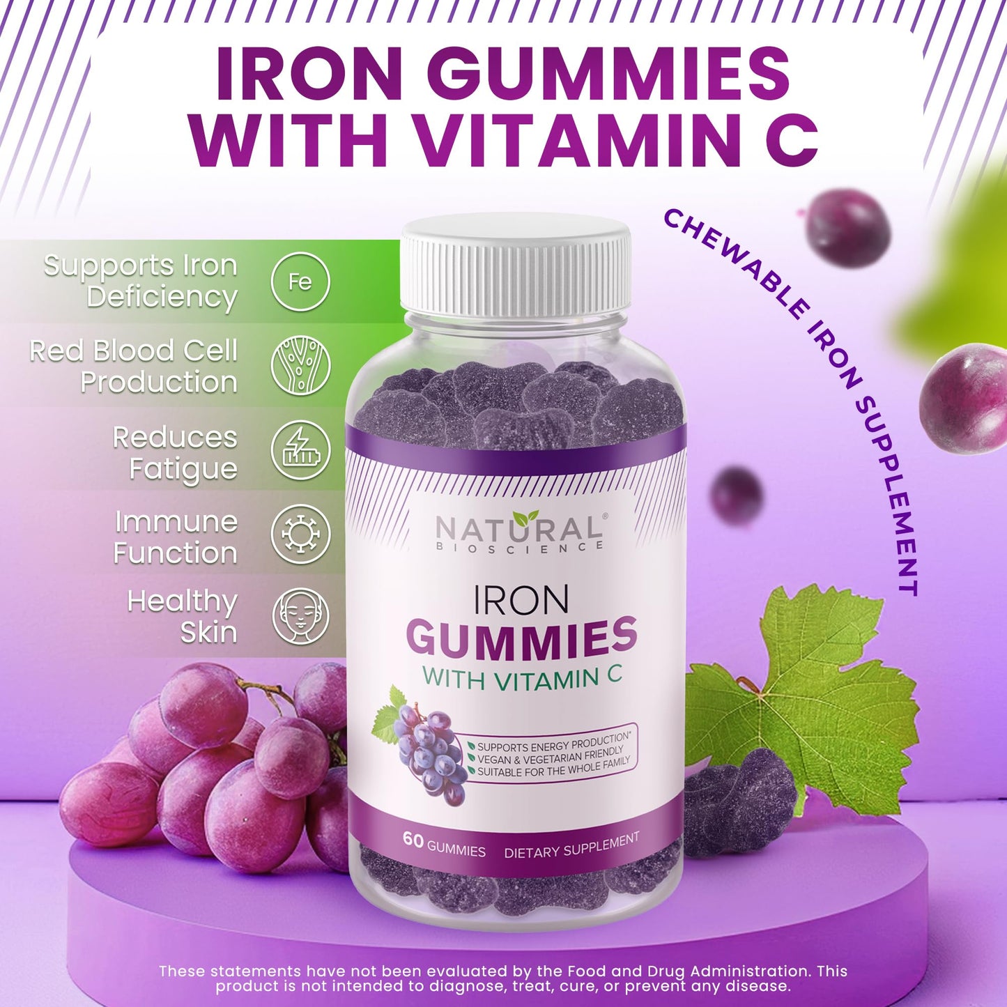 Natural BioScience Iron Gummies with Vitamin C, 60 Gummies