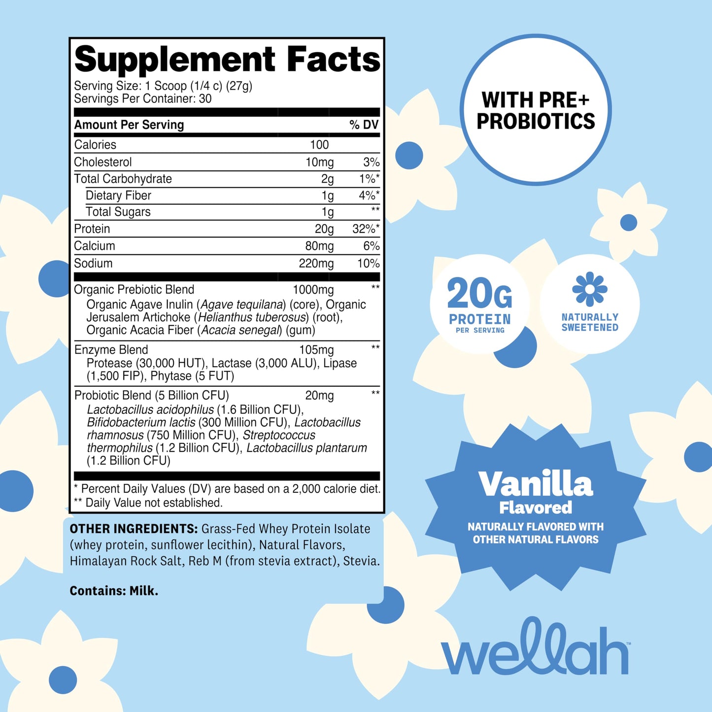 Wellah Grass-Fed Whey Protein Isolate Powder Vanilla 28.5 Servings