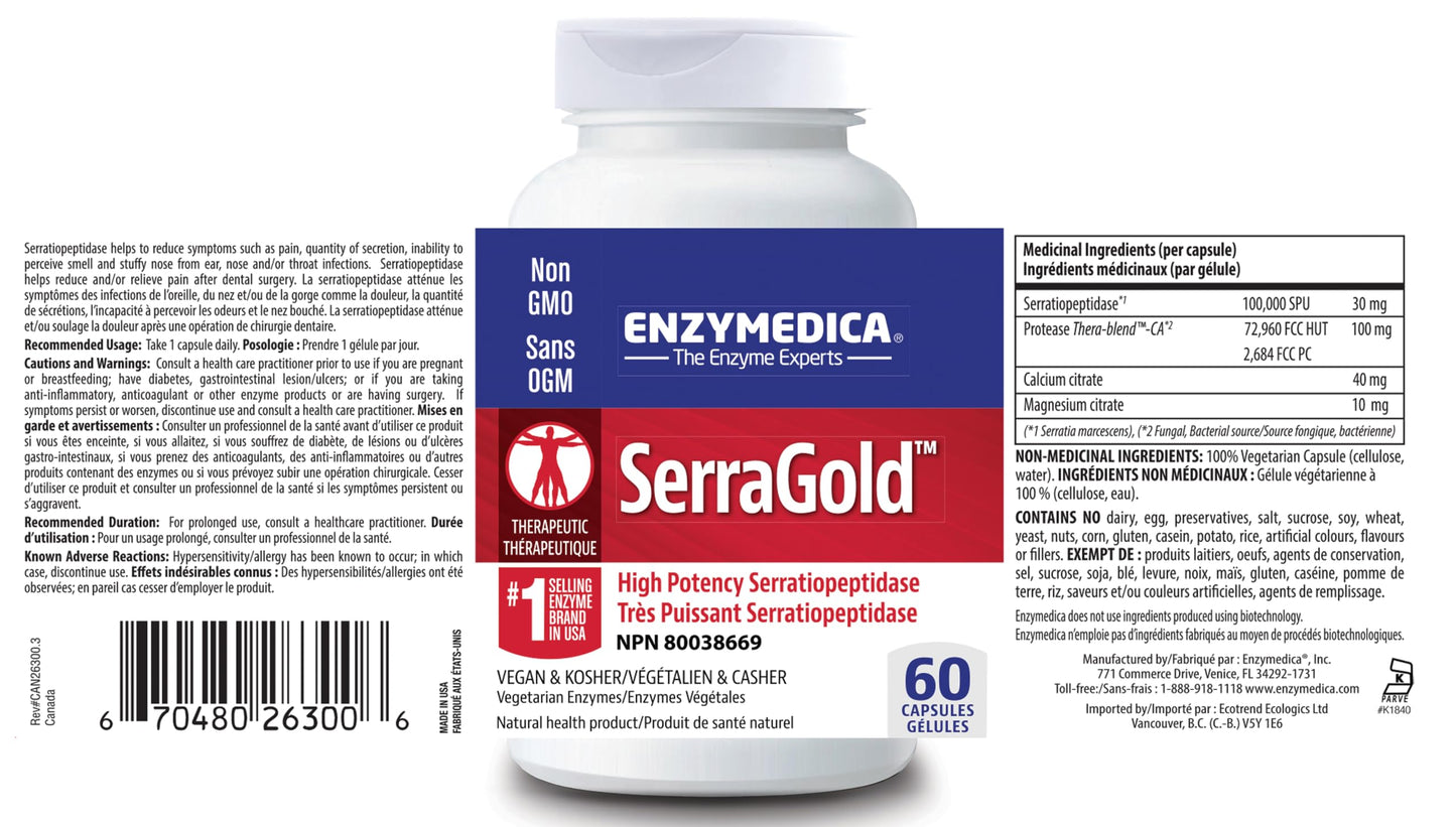 Enzymedica SerraGold High-Potency Serrapeptase Enzyme Supplement Capsules 60 Count