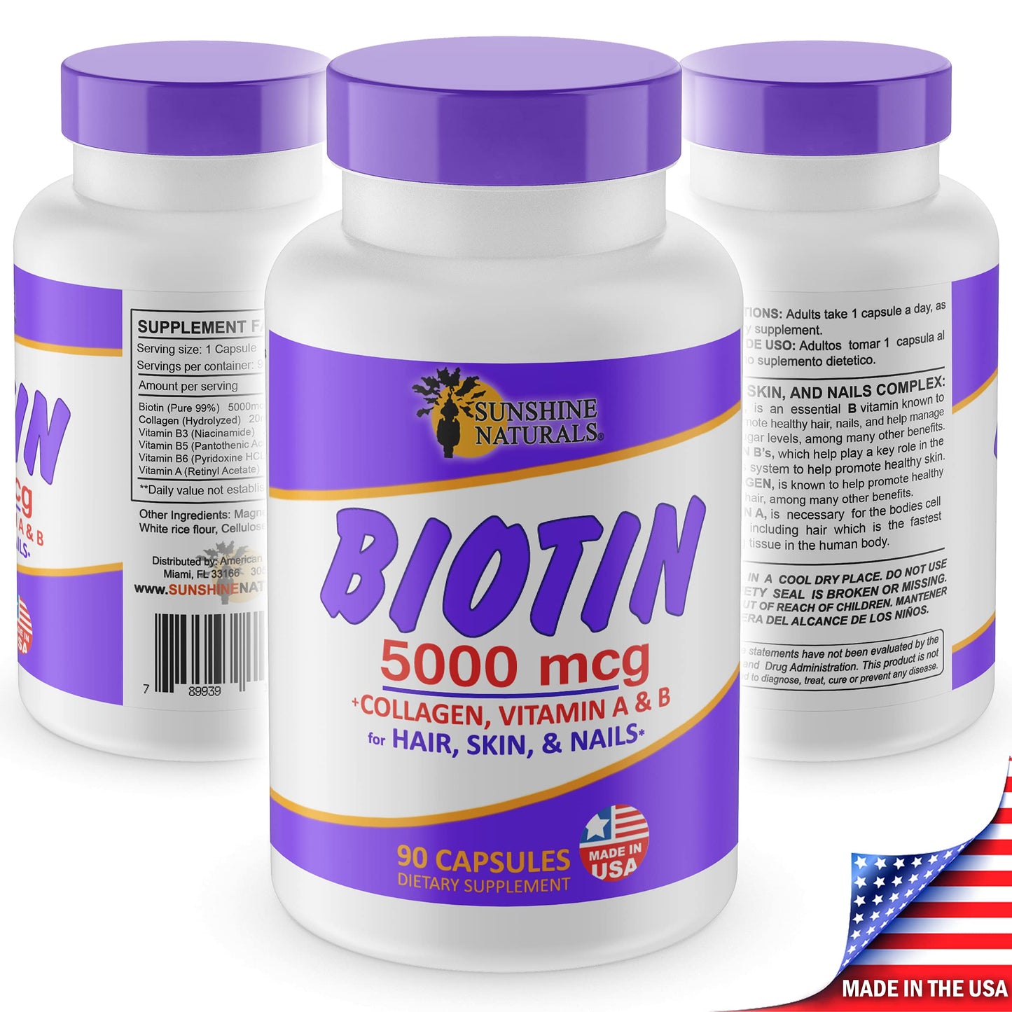 Sunshine Naturals Biotin Dietary Supplement Capsule, 90 Capsules