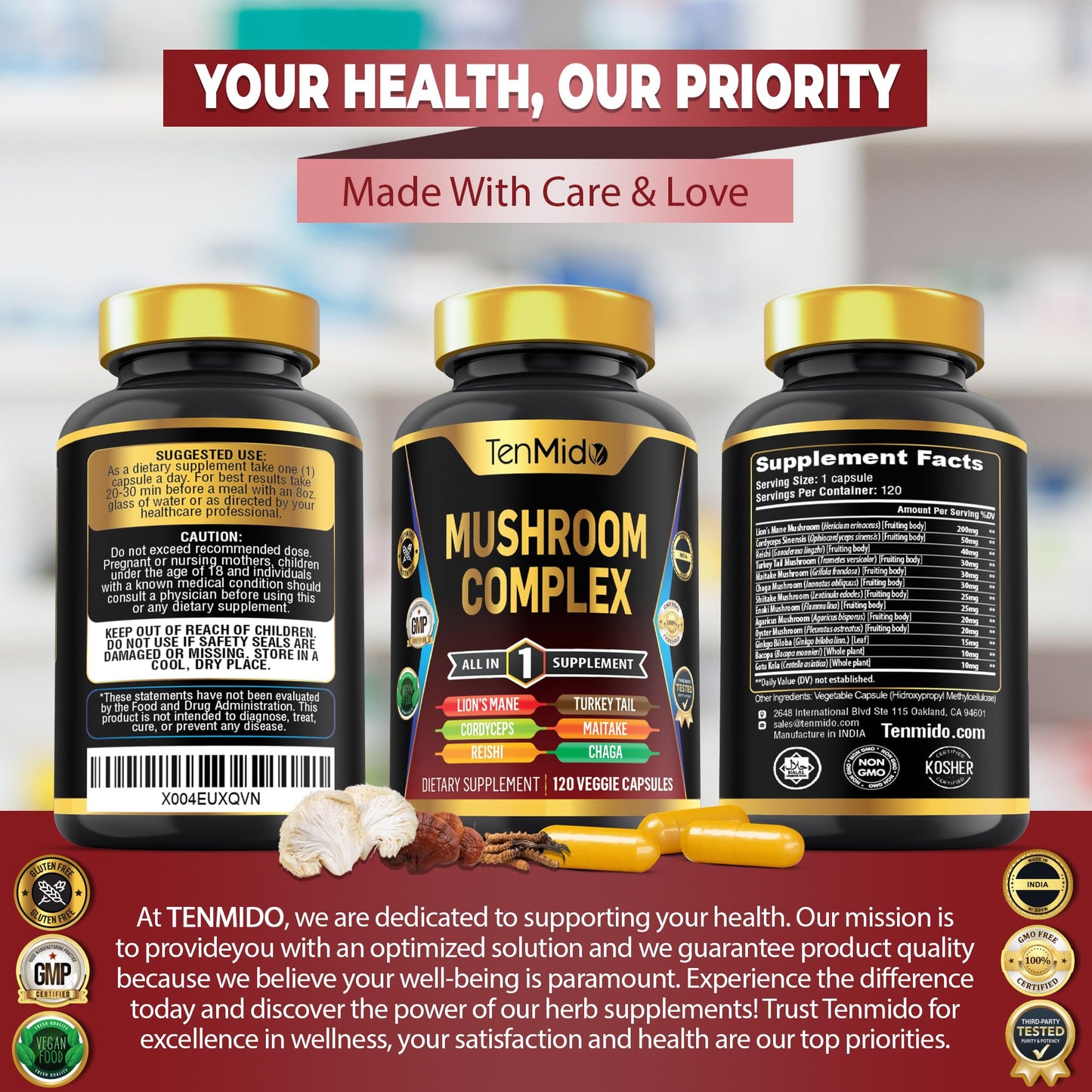 Tenmido Mushroom Complex Supplement Capsules 120 Count