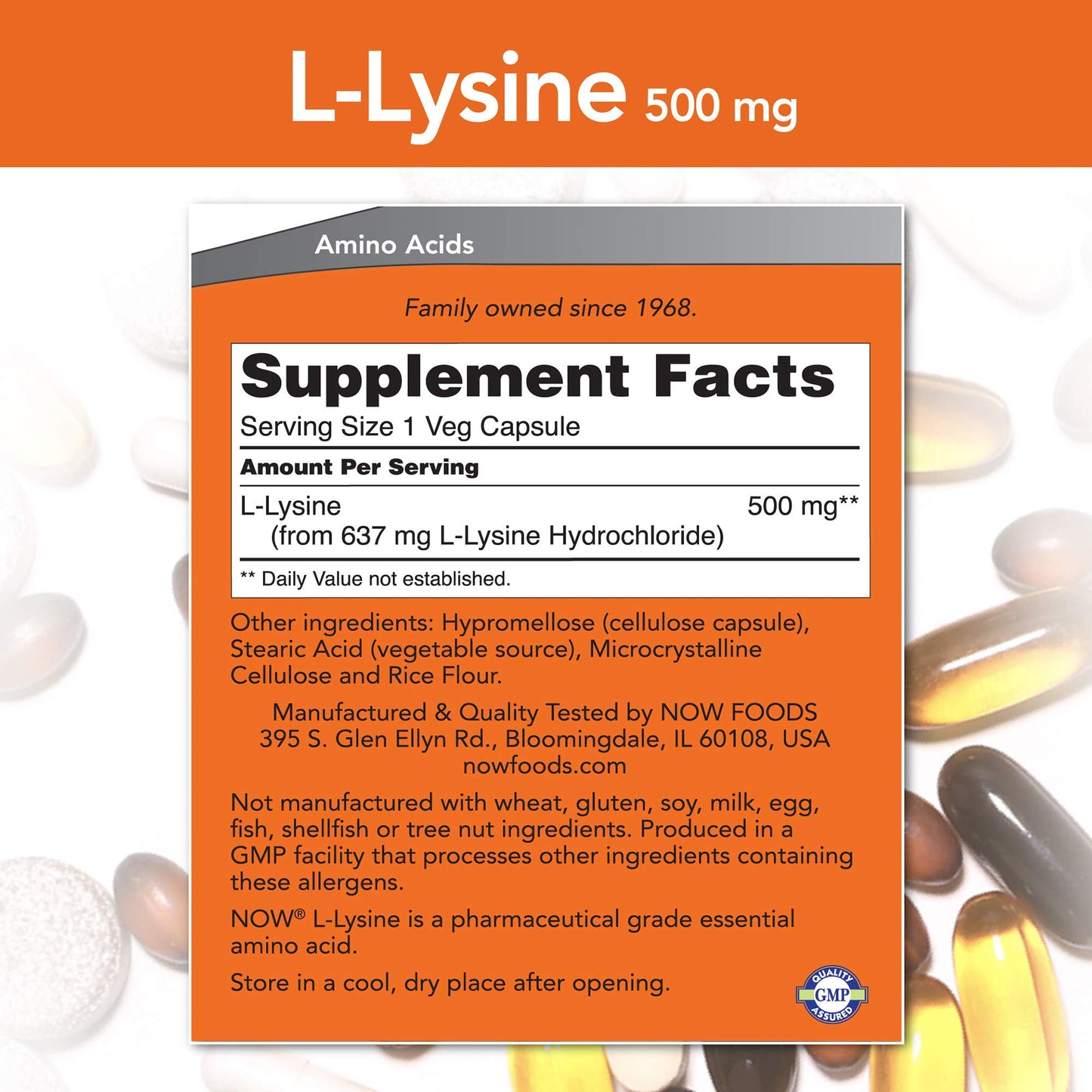 NOW Foods L-Lysine 500 mg Capsules, 500 Capsules