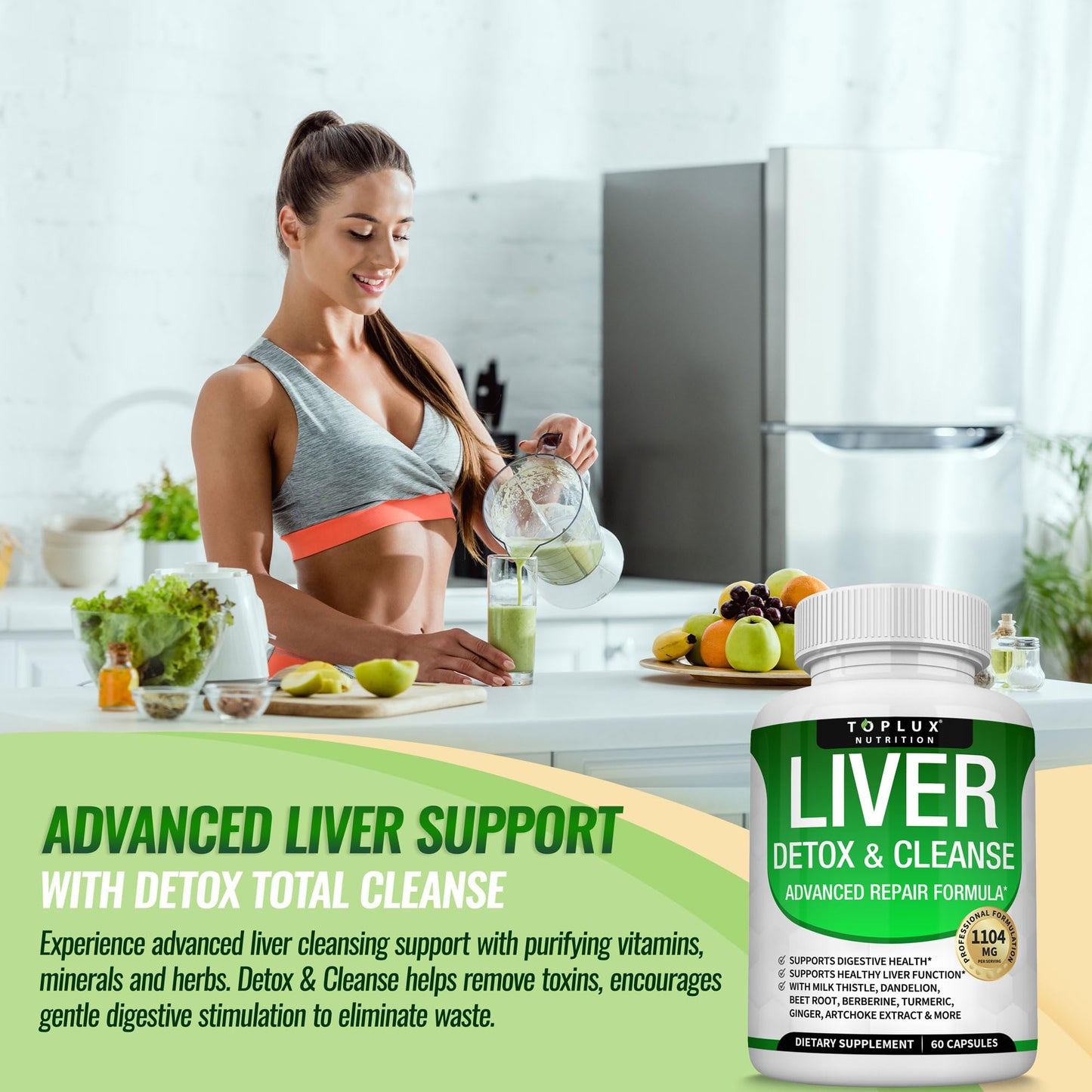 Toplux Liver Cleanse Detox & Repair Formula Liver Detox Supplement – Milk Thistle with Dandelion, Artichoke, Turmeric, Beet Root, Turmeric & More for Natural Fast Herbal Cleansing Non-GMO Vegan 60 Capsules