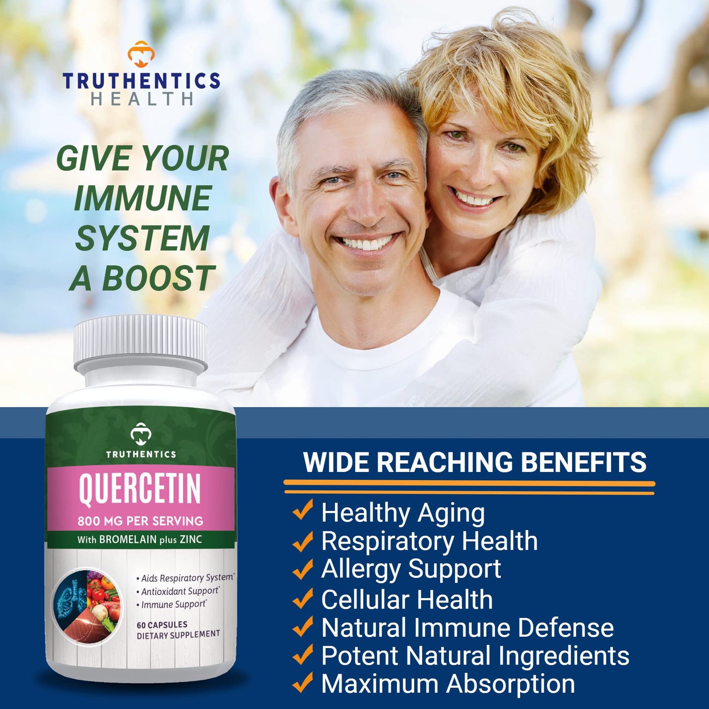 TRUTHENTICS Quercetin with Bromelain and Zinc 1050mg Capsules, 60 Count