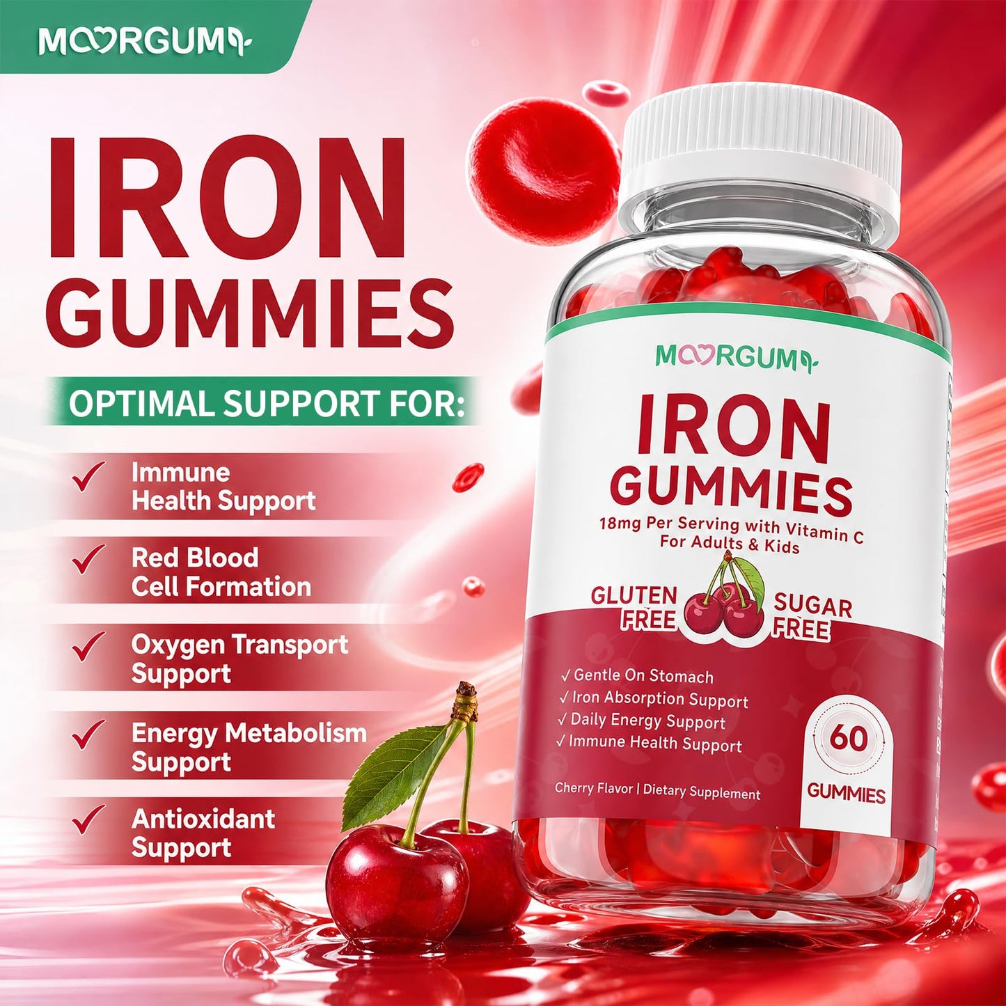 MOORGUMY Iron Gummies with Vitamin C, High Absorption 18mg Iron, Cherry Flavor, 60 Count
