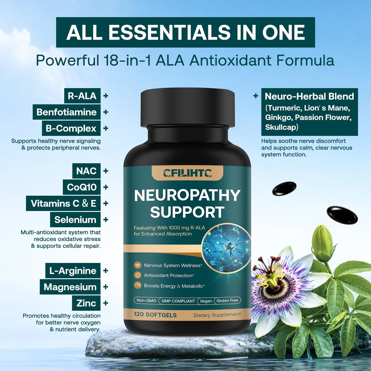 CFILIHTC Neuropathy Support Nerve Supplement – Advanced R-Alpha Lipoic Acid with Benfotiamine, NAC & B-Complex for Nerve Health, Antioxidant & Cellular Energy, Vegan, 120 Softgels