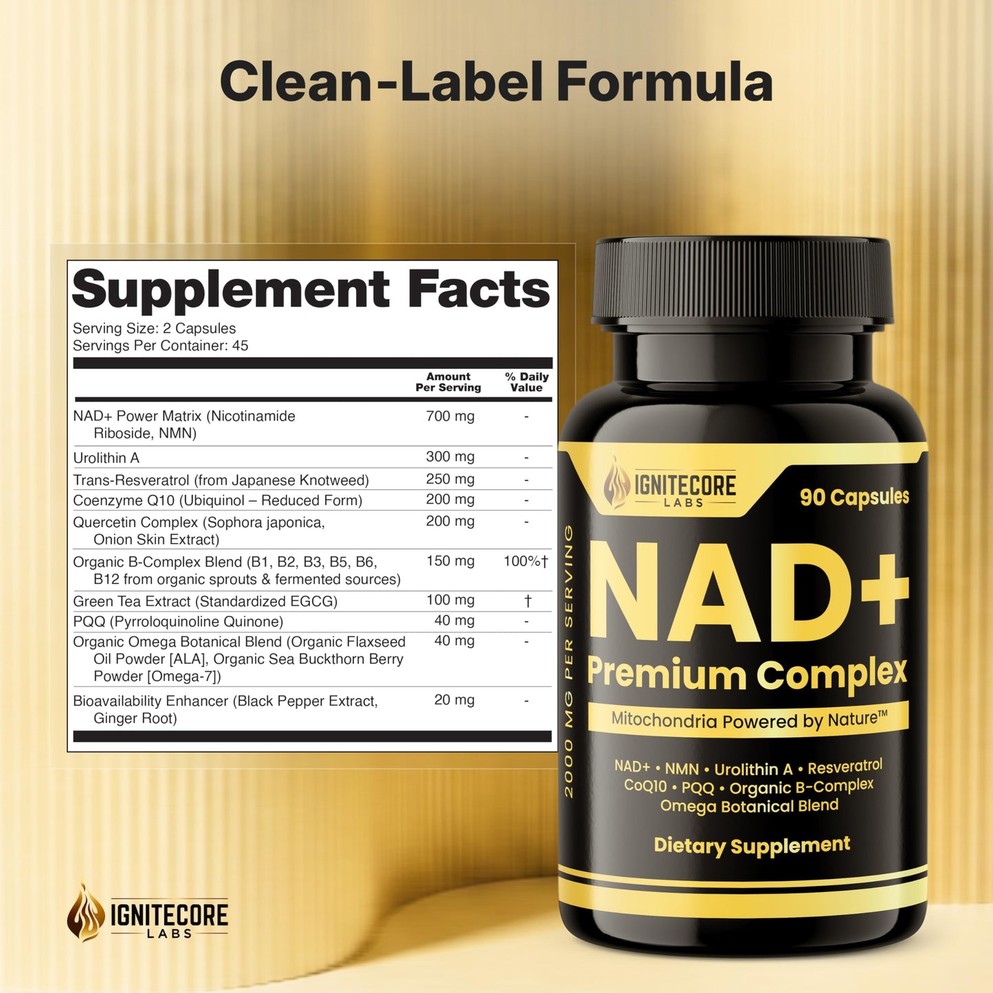 IgniteCore Labs NMN Supplement 2000mg NAD+ Complex with Nicotinamide Riboside, Urolithin A, Resveratrol, CoQ10, PQQ Capsules 90 Count