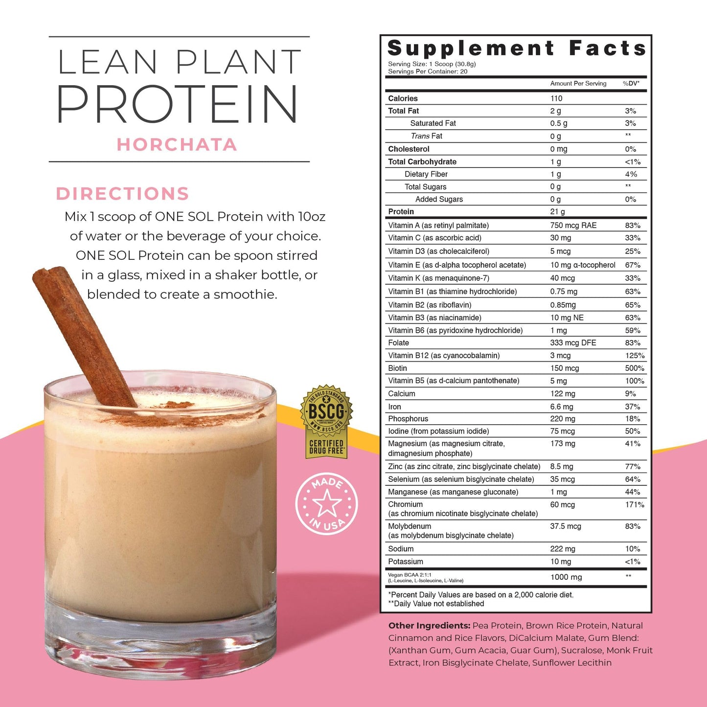 One Sol Lean Plant Protein Powder, Low Carb, Horchata, 21.76 oz