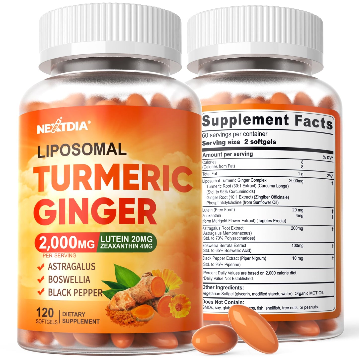 Nextdia Liposomal Turmeric Ginger Curcumin Complex Softgels, 240 ct