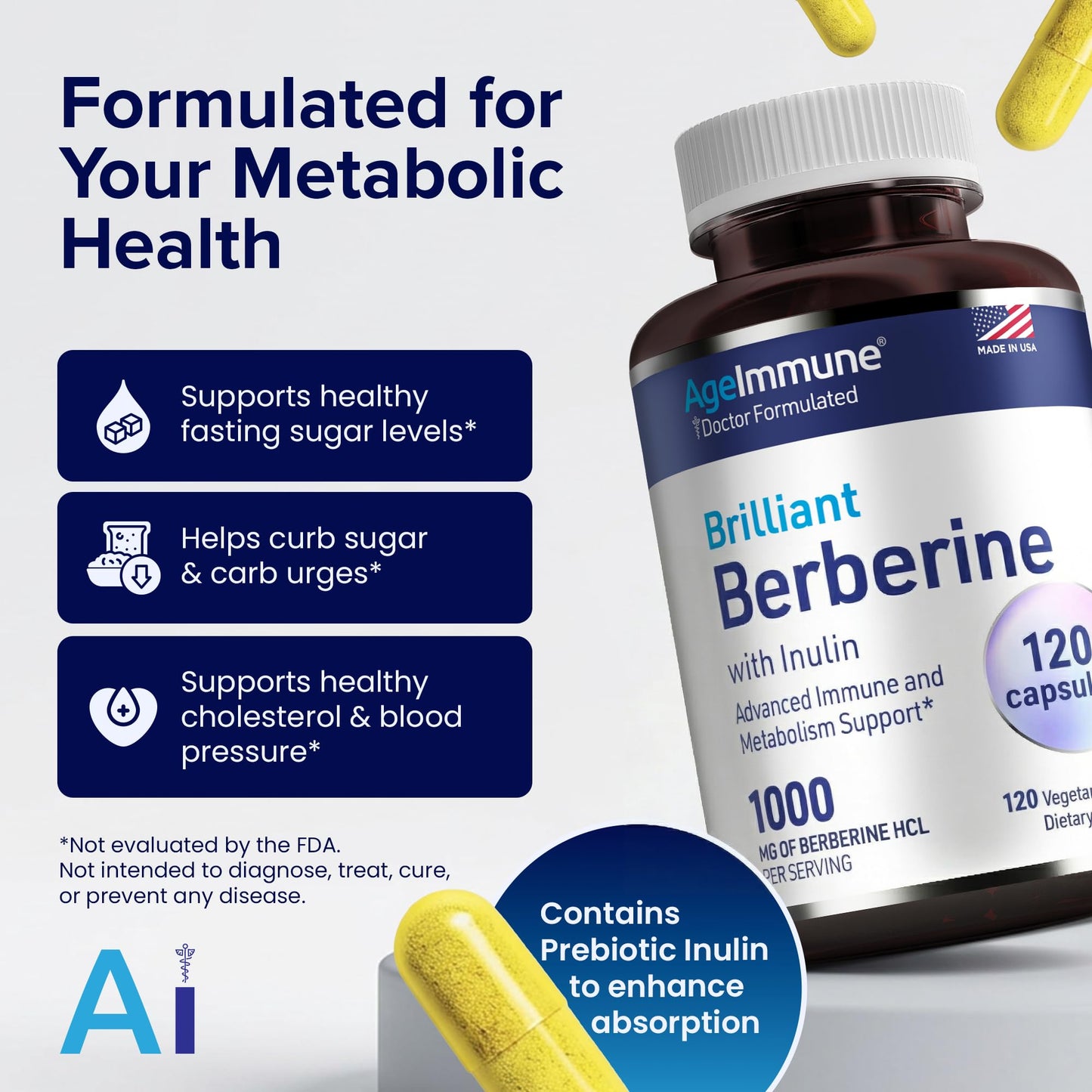 AgeImmune Berberine 1000mg Supplement Complex with Inulin Prebiotic Capsule 120 Count